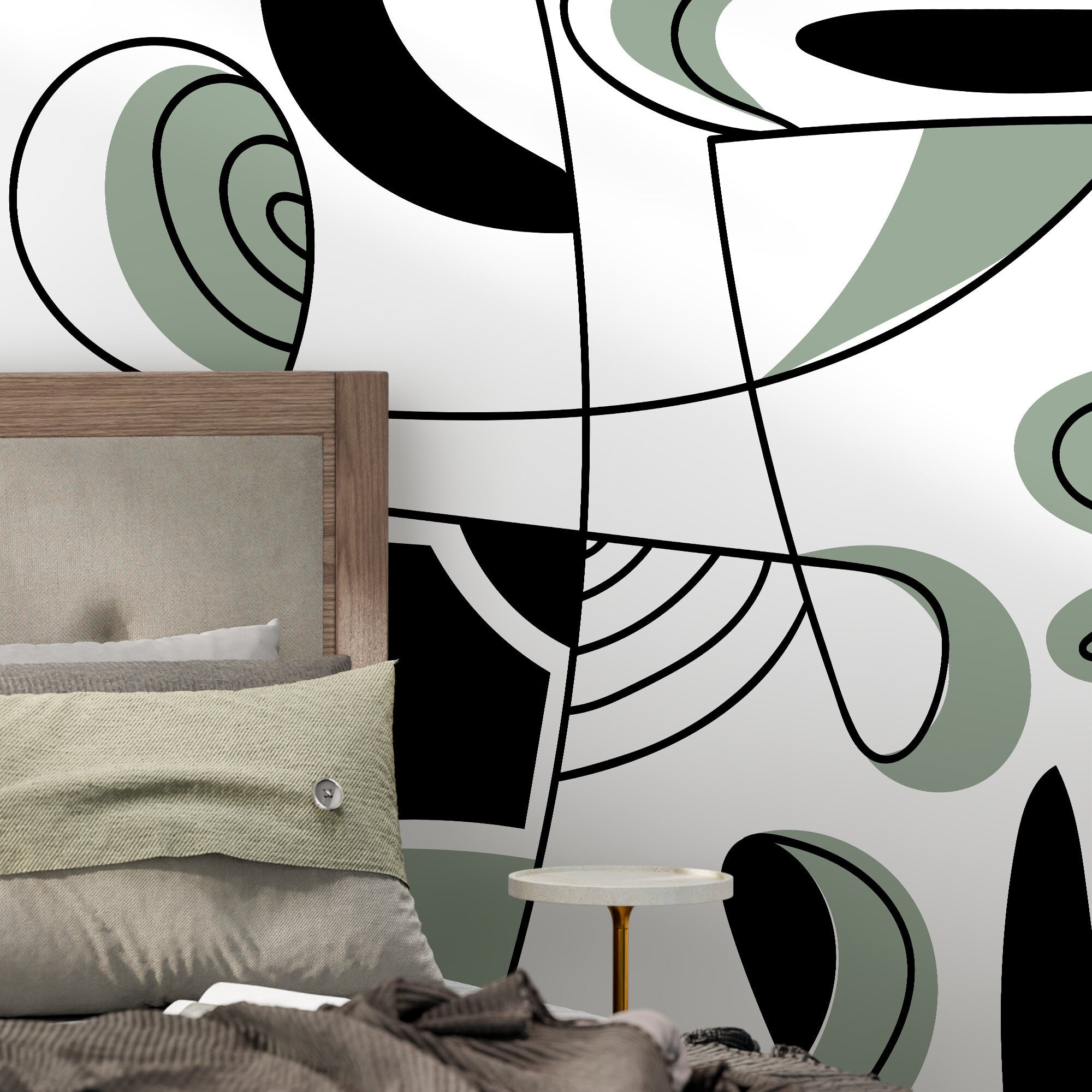 Abstract Wallpaper With Modern Lines And Curves In Black And Green - D562
