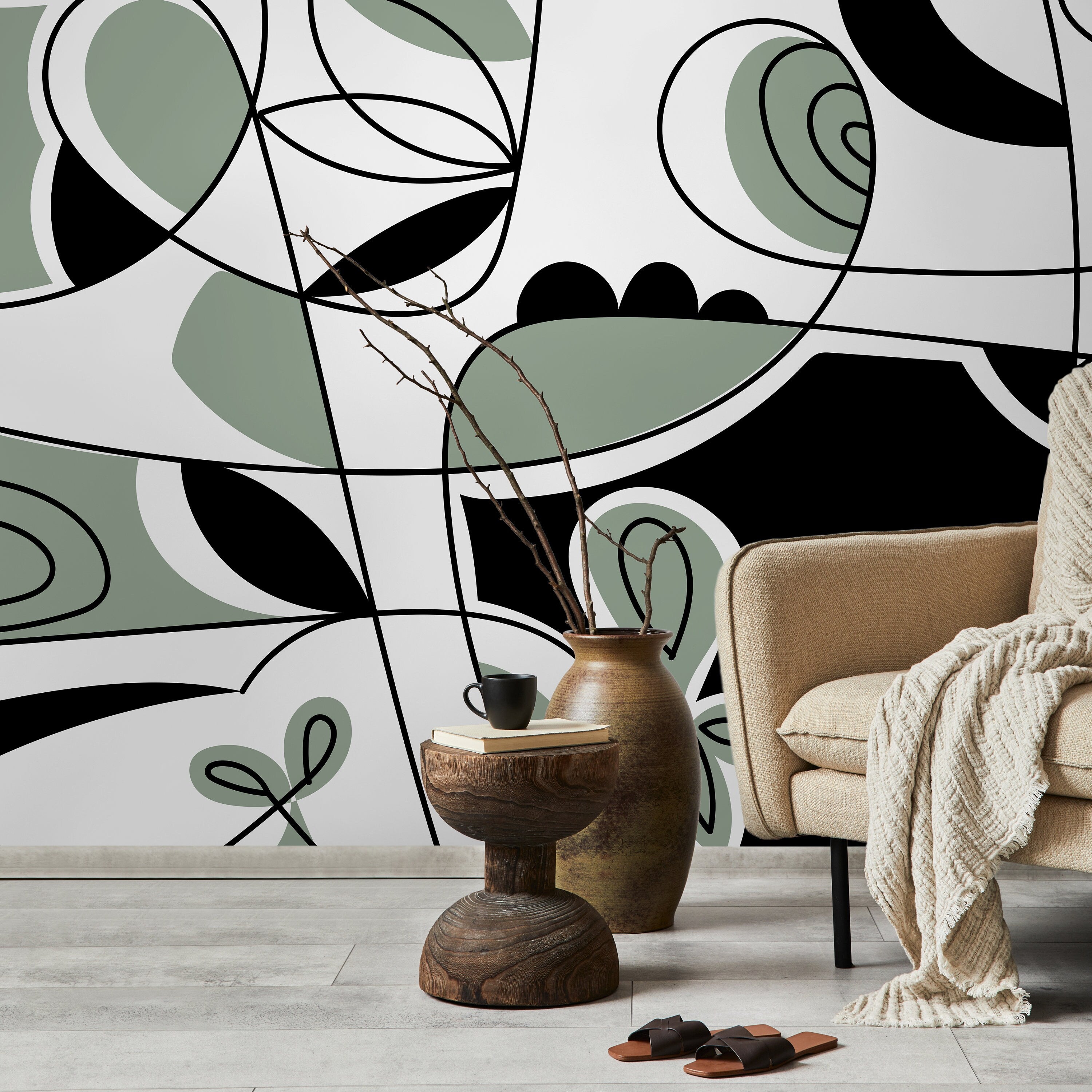 Abstract Wallpaper With Modern Lines And Curves In Black And Green - D562