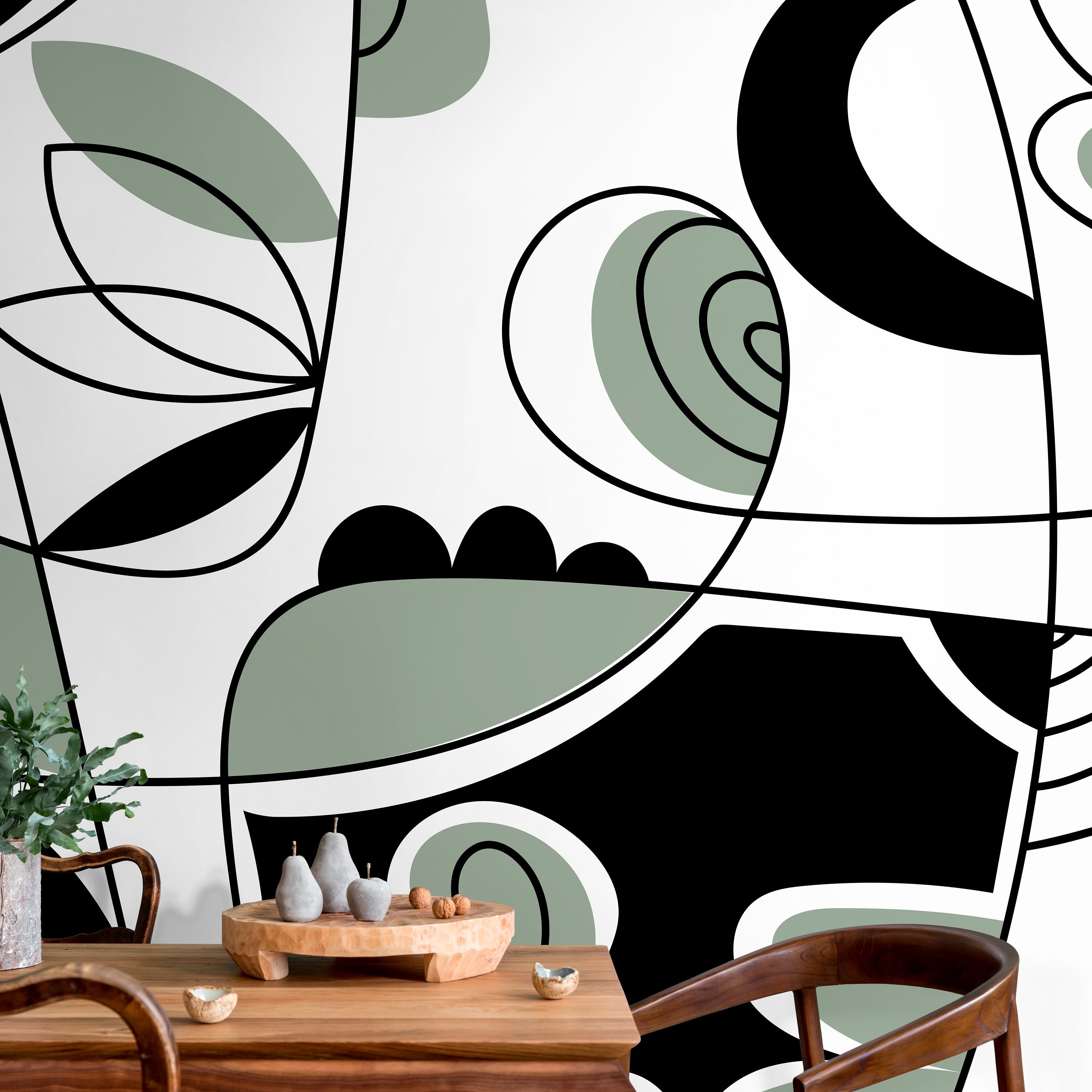 Abstract Wallpaper With Modern Lines And Curves In Black And Green - D562