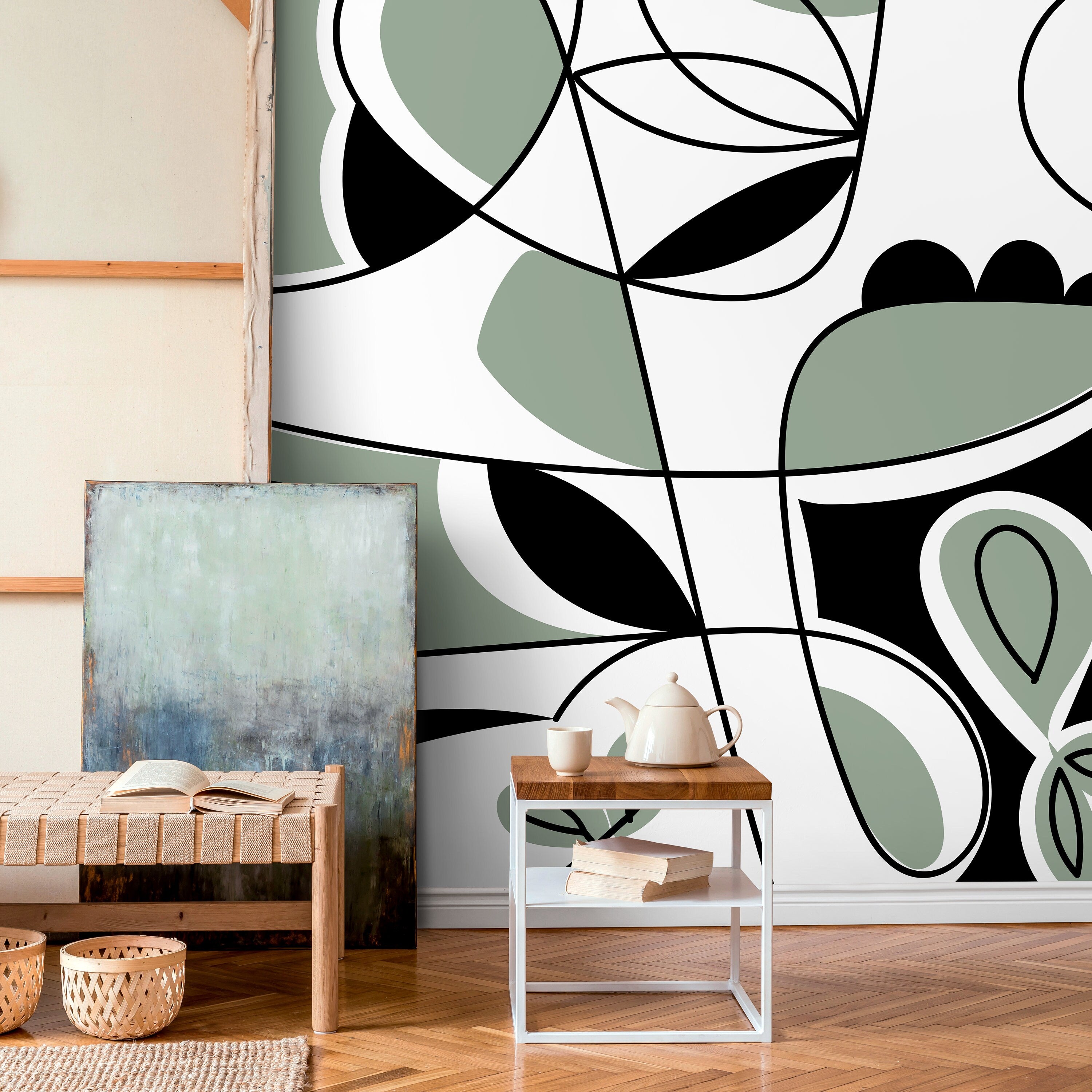 Abstract Wallpaper With Modern Lines And Curves In Black And Green - D562