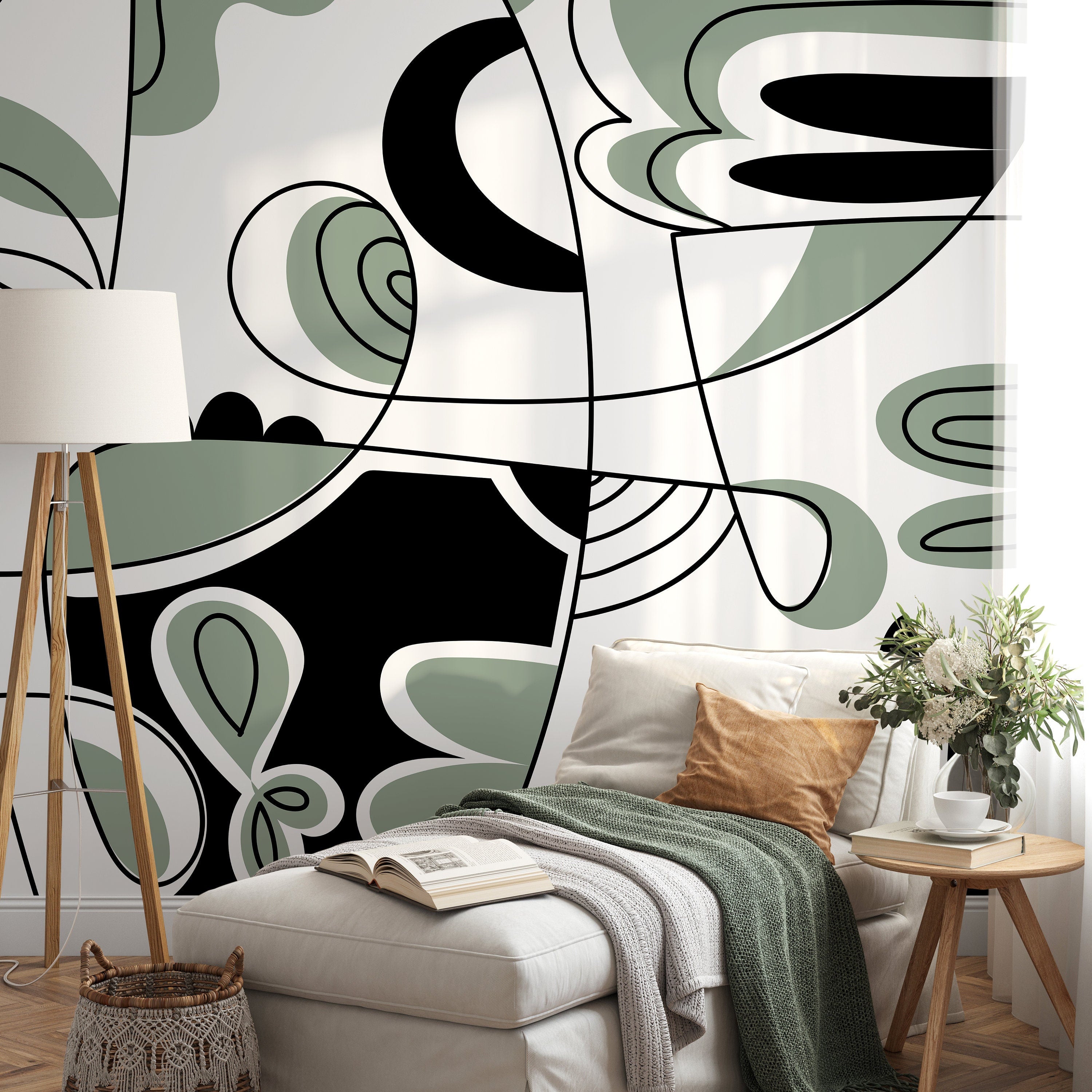 Abstract Wallpaper With Modern Lines And Curves In Black And Green - D562