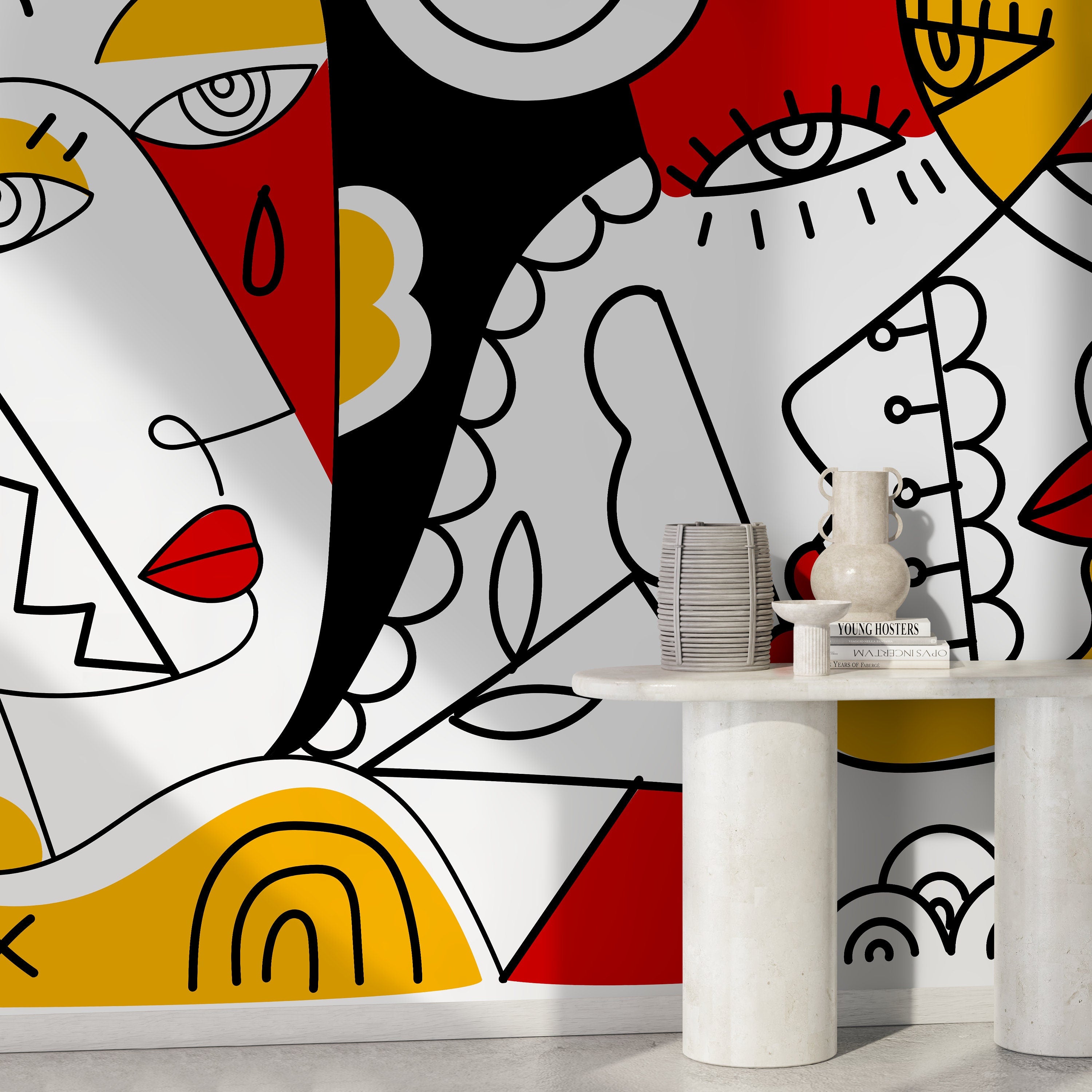 Abstract Wallpaper With A Cubist Face Mural In Red, Yellow, And Black - D563