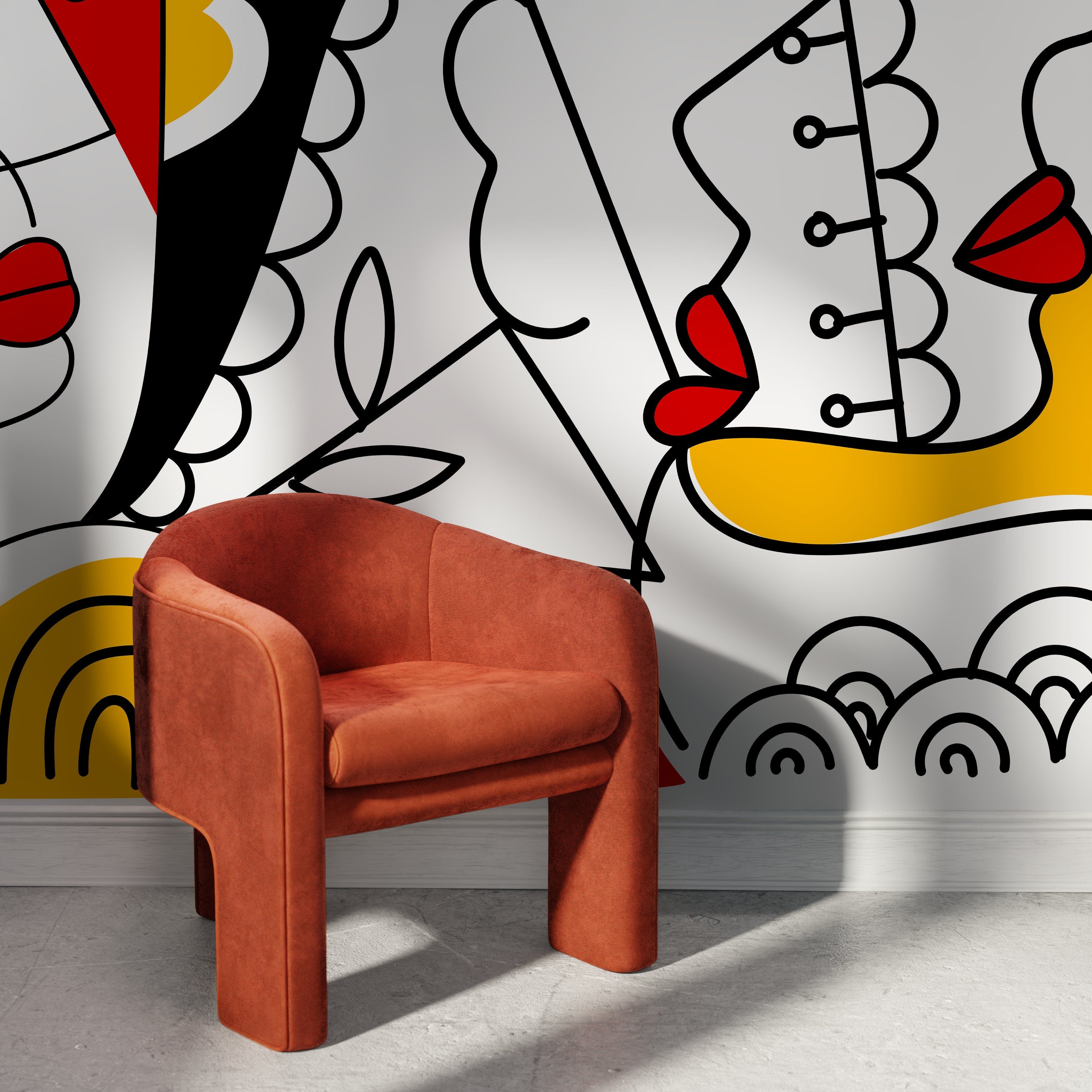 Abstract Wallpaper With A Cubist Face Mural In Red, Yellow, And Black - D563