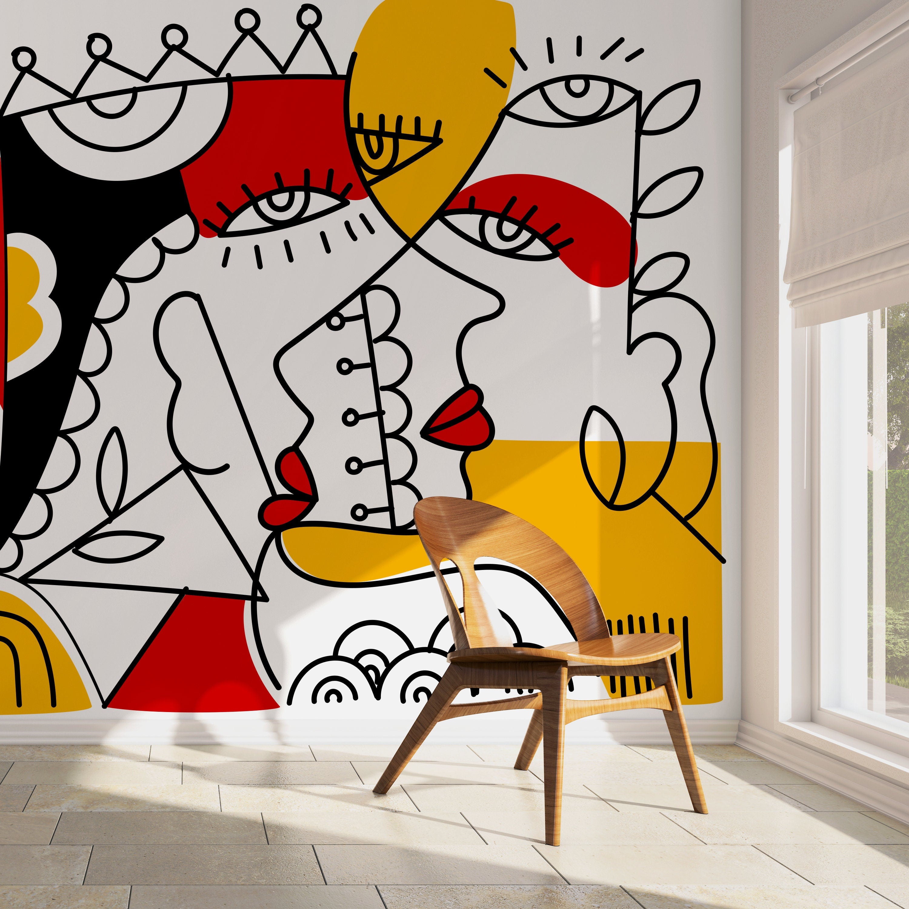 Abstract Wallpaper With A Cubist Face Mural In Red, Yellow, And Black - D563