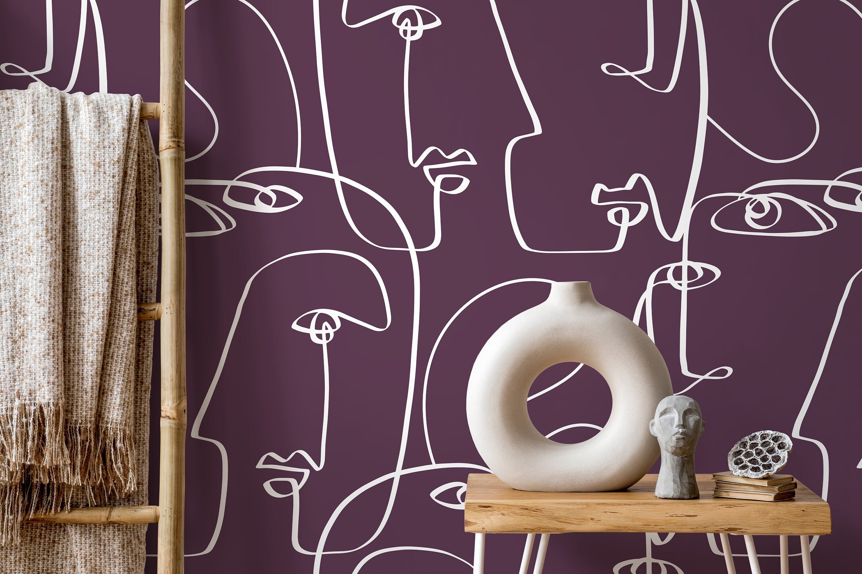 Line Art Wallpaper Featuring Abstract Faces In Purple And White - D495