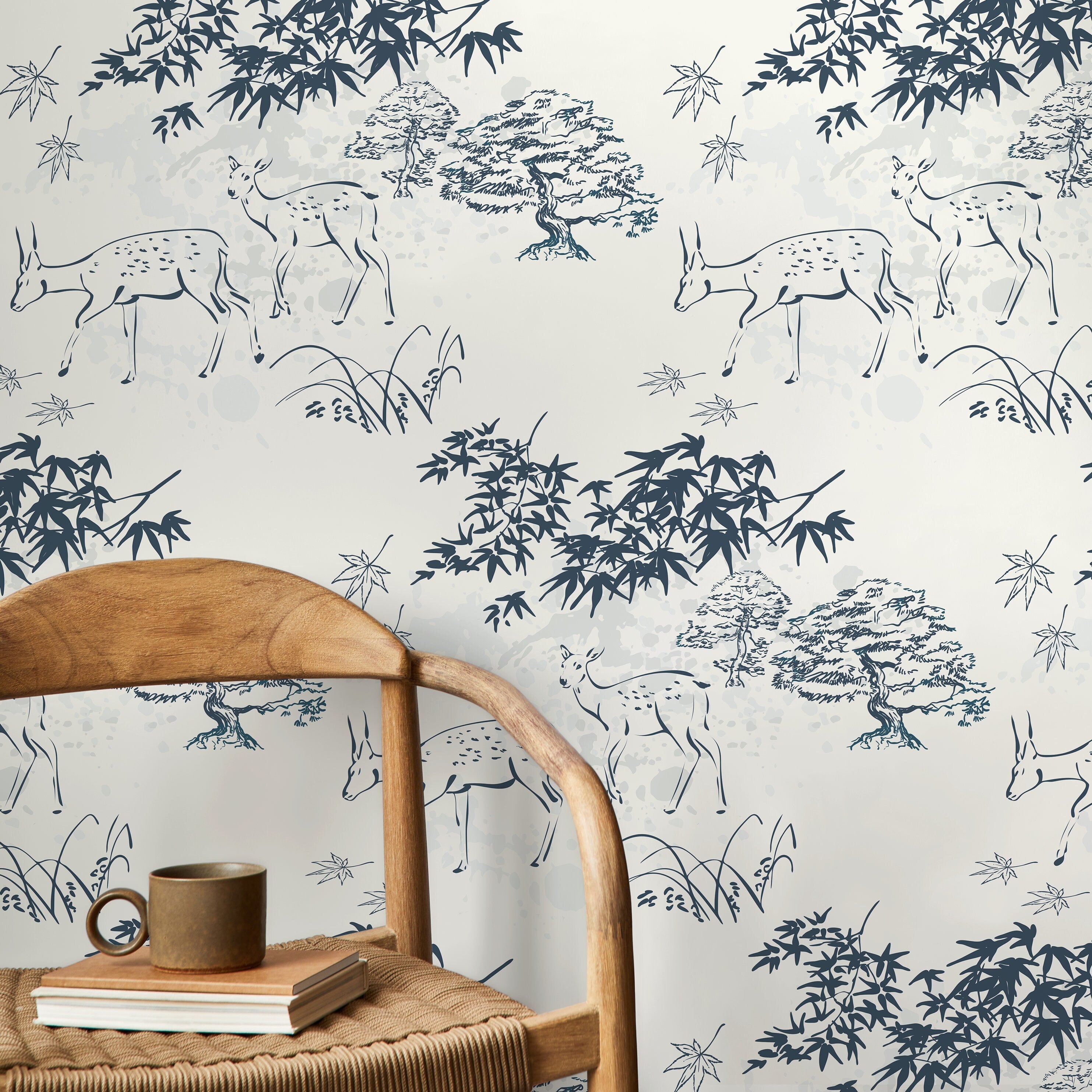 Japanese Wallpaper Featuring Illustrated Deer And Bonsai Trees In Blue And Grey - D496