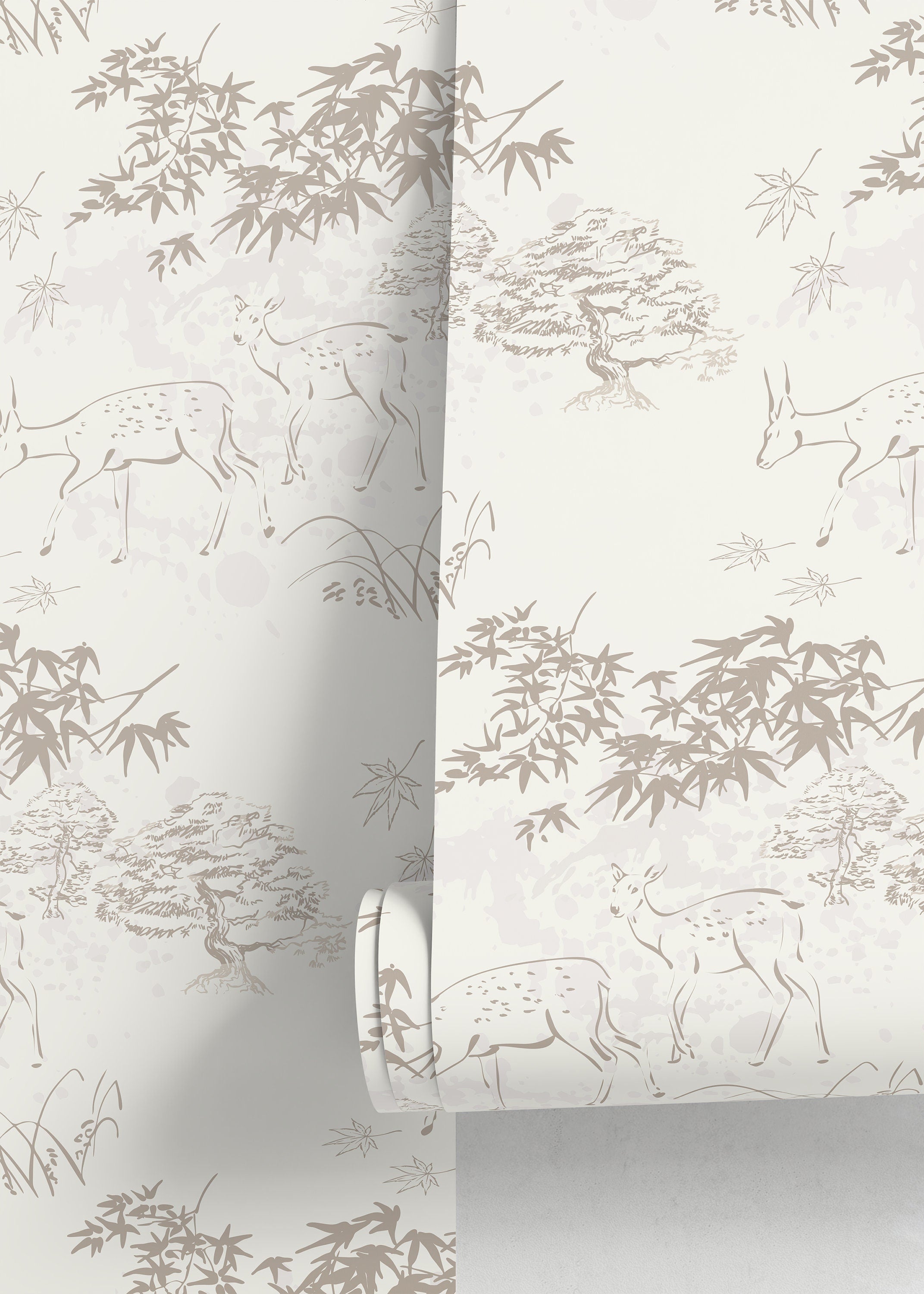 Japanese Wallpaper With A Sketched Deer And Forest Motif In Taupe And Cream - D497