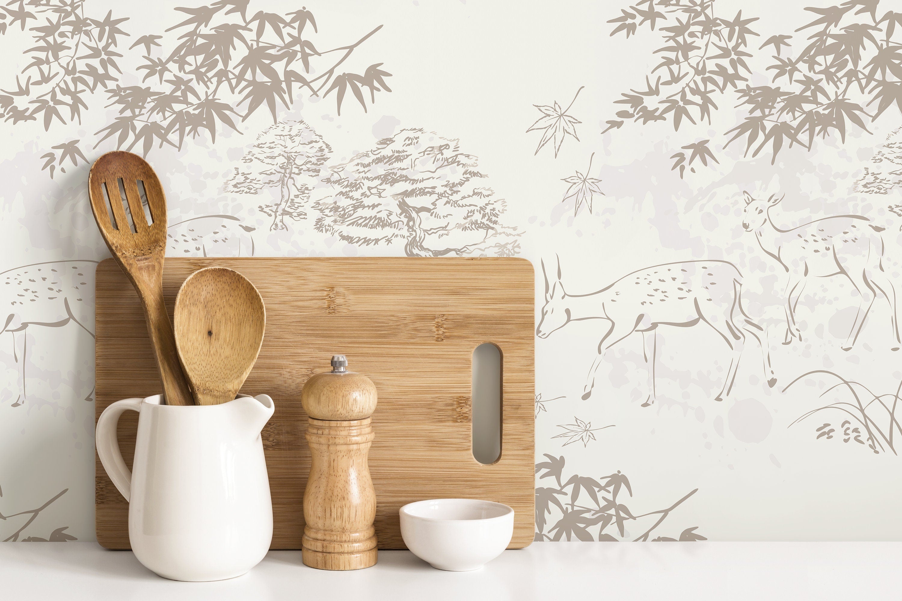 Japanese Wallpaper With A Sketched Deer And Forest Motif In Taupe And Cream - D497