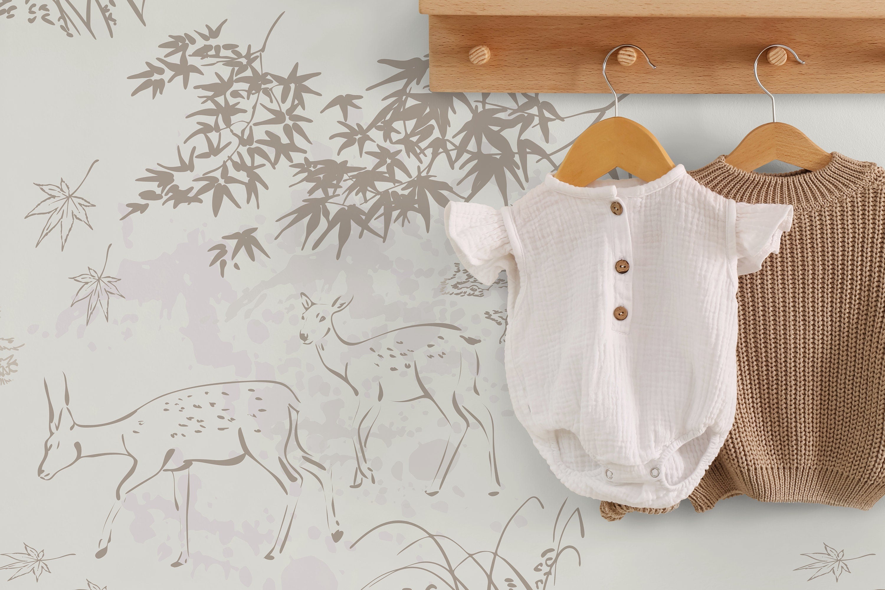 Japanese Wallpaper With A Sketched Deer And Forest Motif In Taupe And Cream - D497