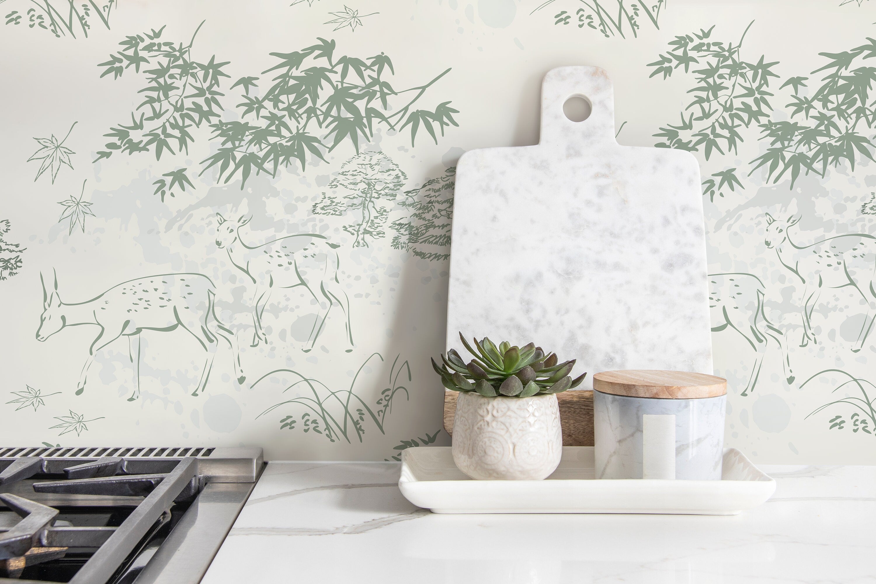 Japanese Wallpaper With A Serene Deer And Forest Motif In Sage Green And Light Gray - D498