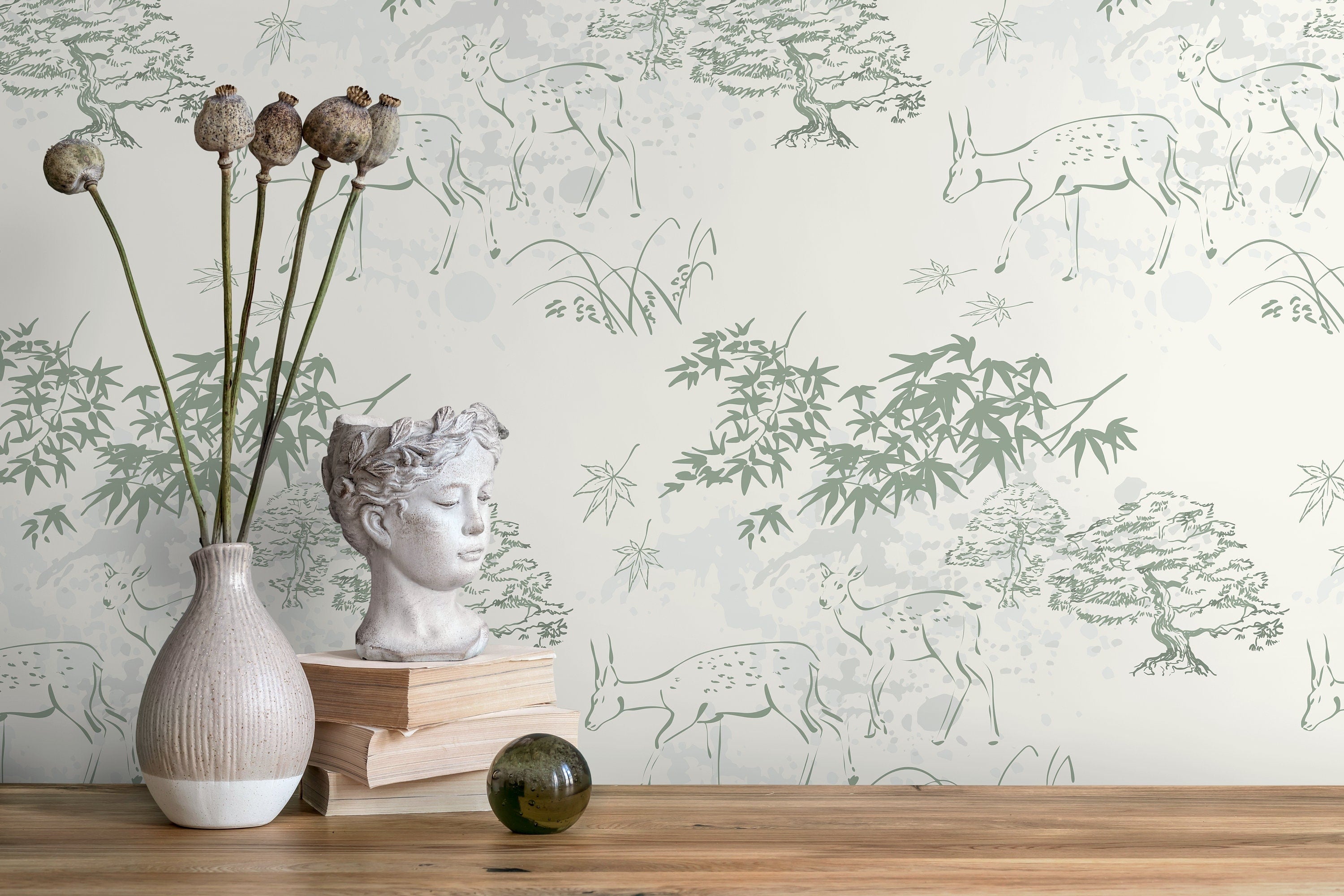 Japanese Wallpaper With A Serene Deer And Forest Motif In Sage Green And Light Gray - D498