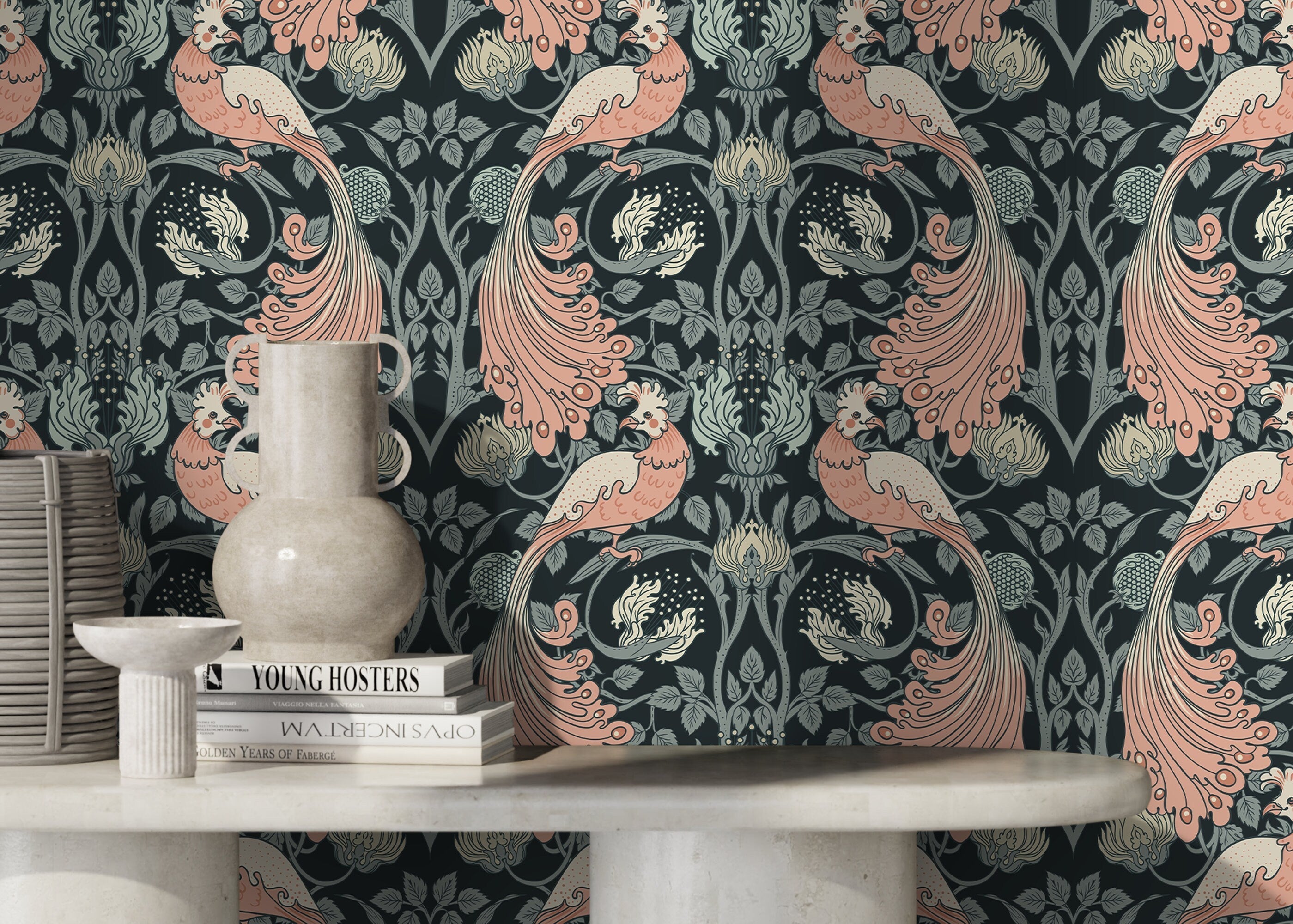 Art Nouveau Wallpaper With A Bird Motif In Pink, Green, And Black - D499