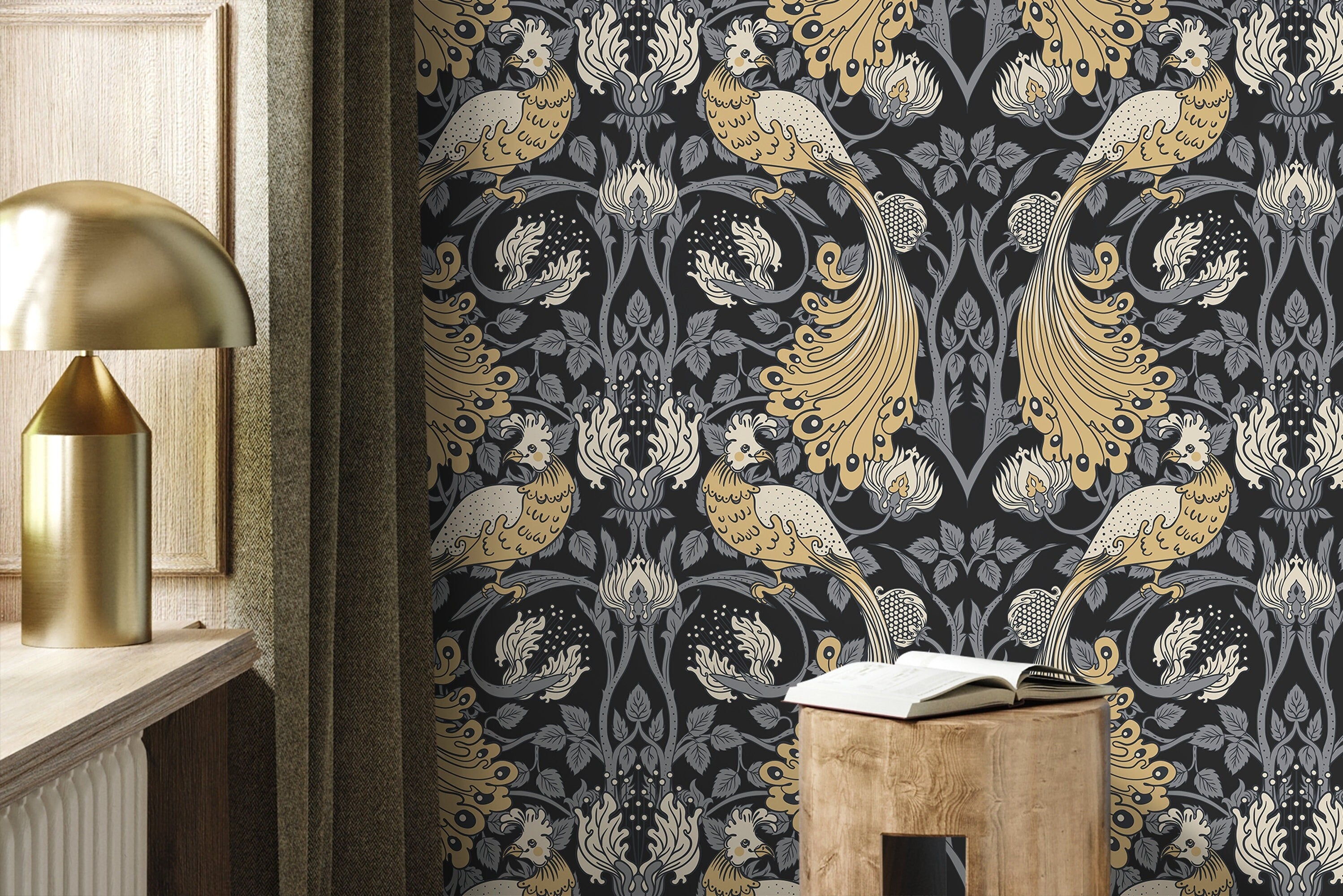 Art Nouveau Wallpaper With Stylized Birds In Yellow, Gray, And Black - D500