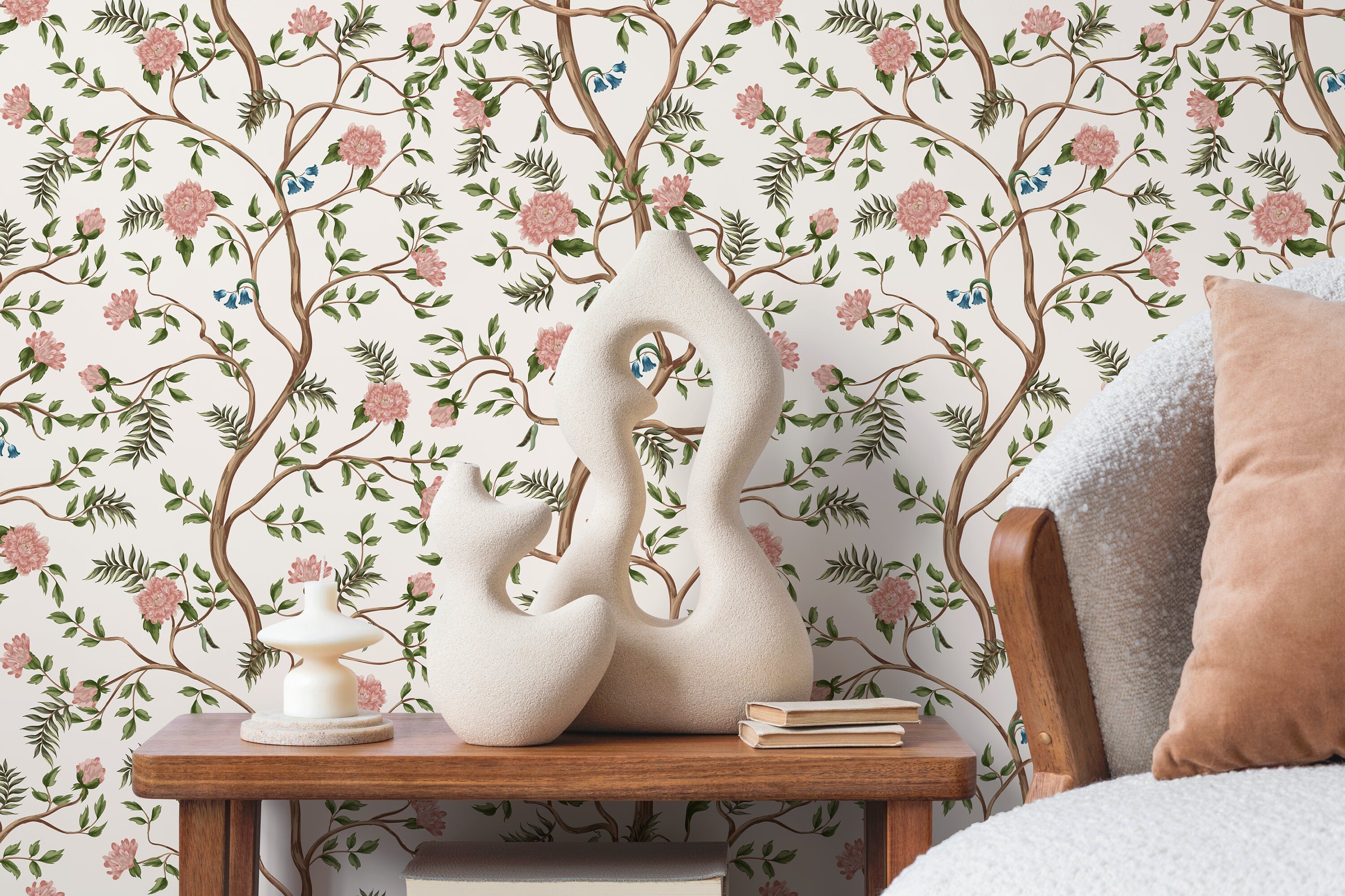 Chinoiserie Wallpaper With A Blooming Tree Motif In Pink, Blue, And Green - D502
