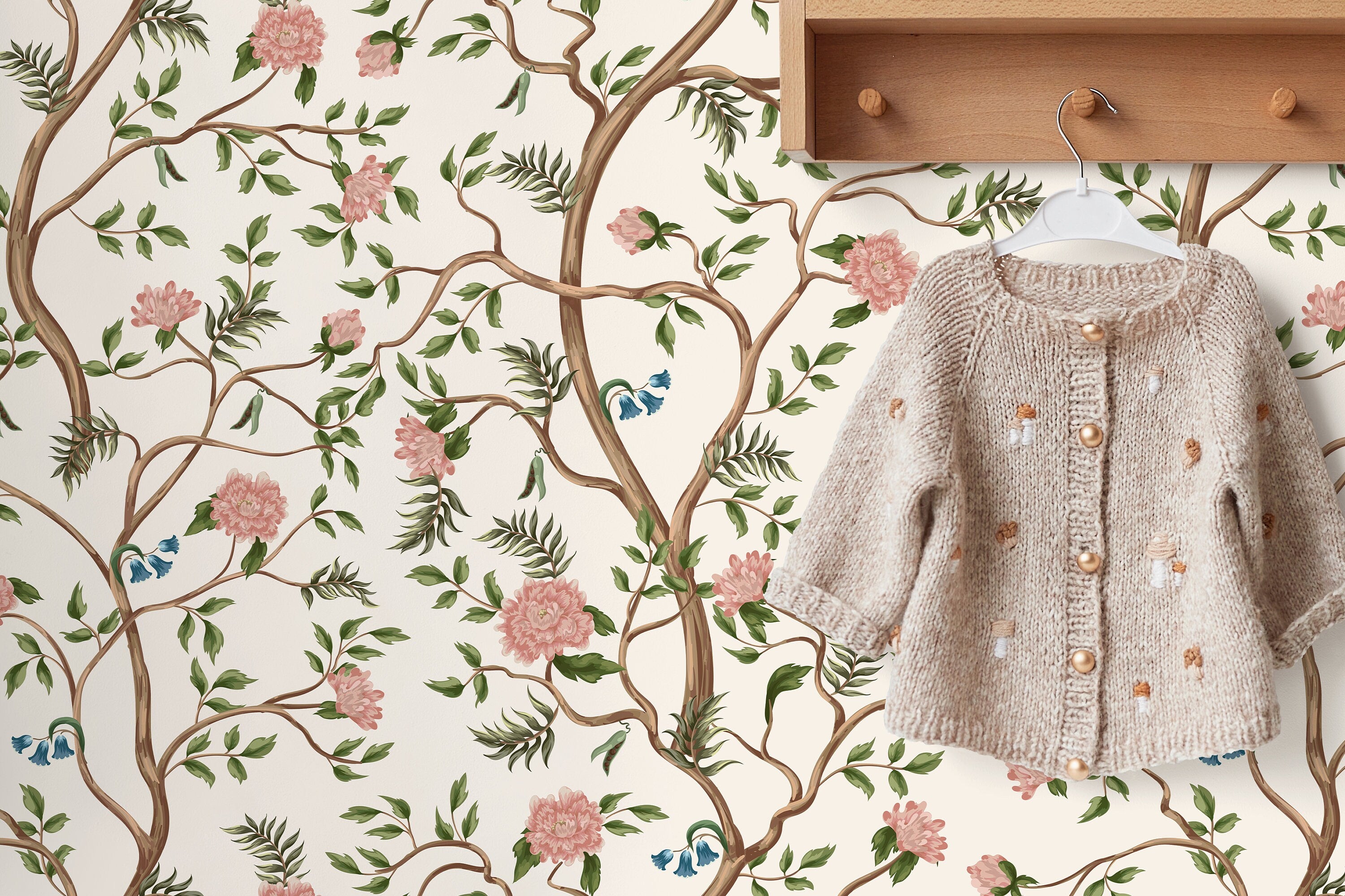 Chinoiserie Wallpaper With A Blooming Tree Motif In Pink, Blue, And Green - D502