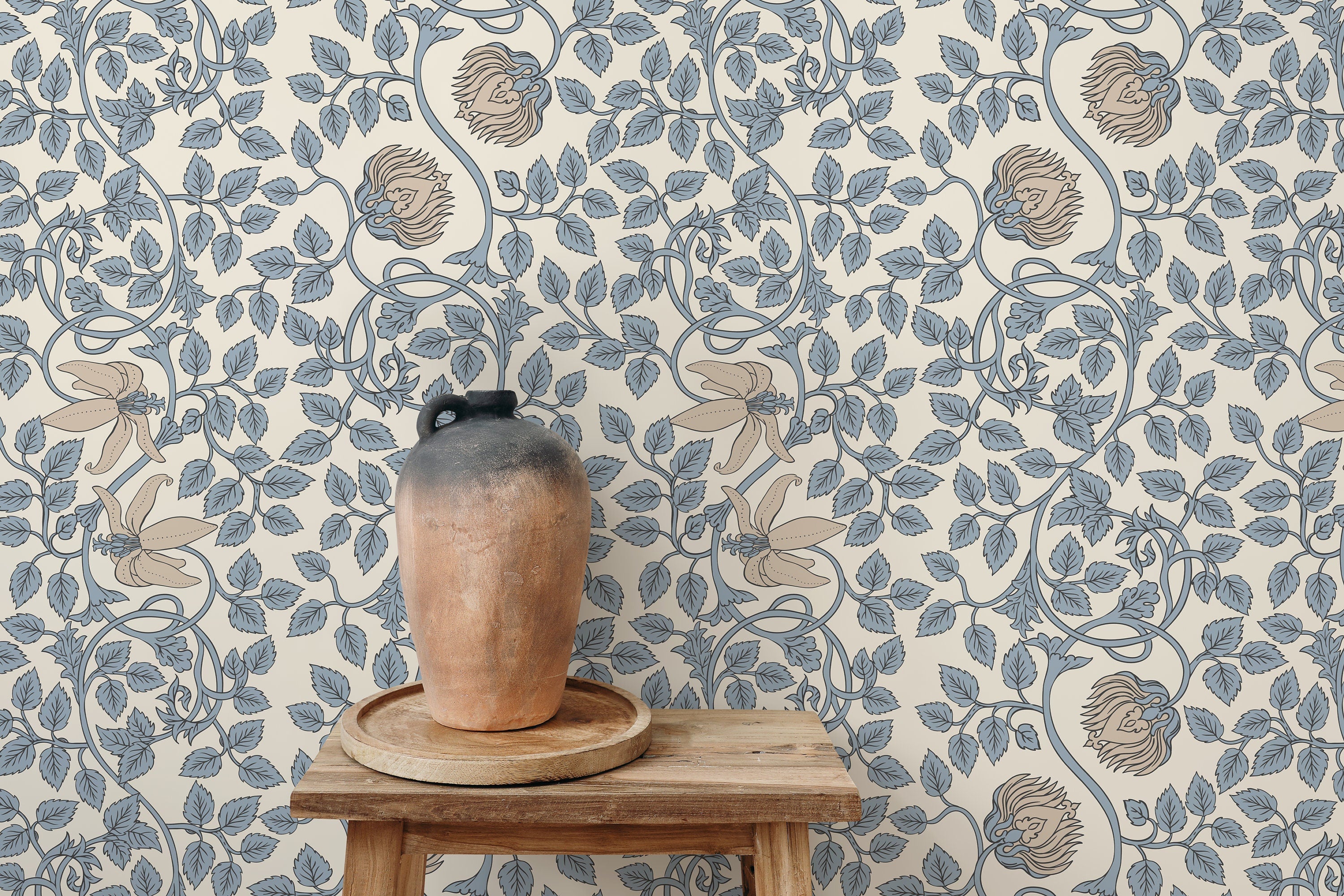 William Morris Wallpaper With Trailing Floral Vines In Light Blue And Beige - D506