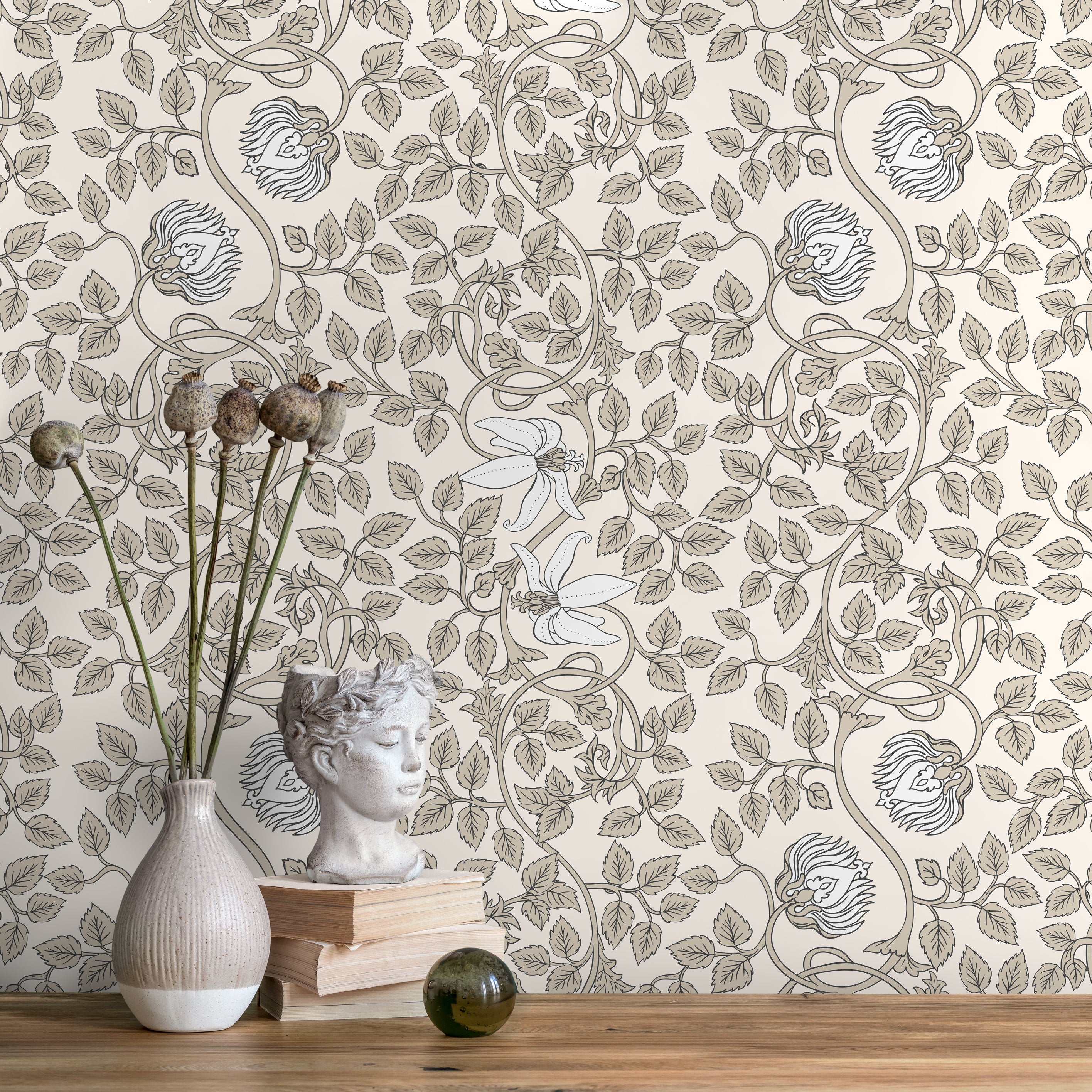 Art Nouveau Wallpaper With A Swirling Floral Vine In Taupe And White - D507