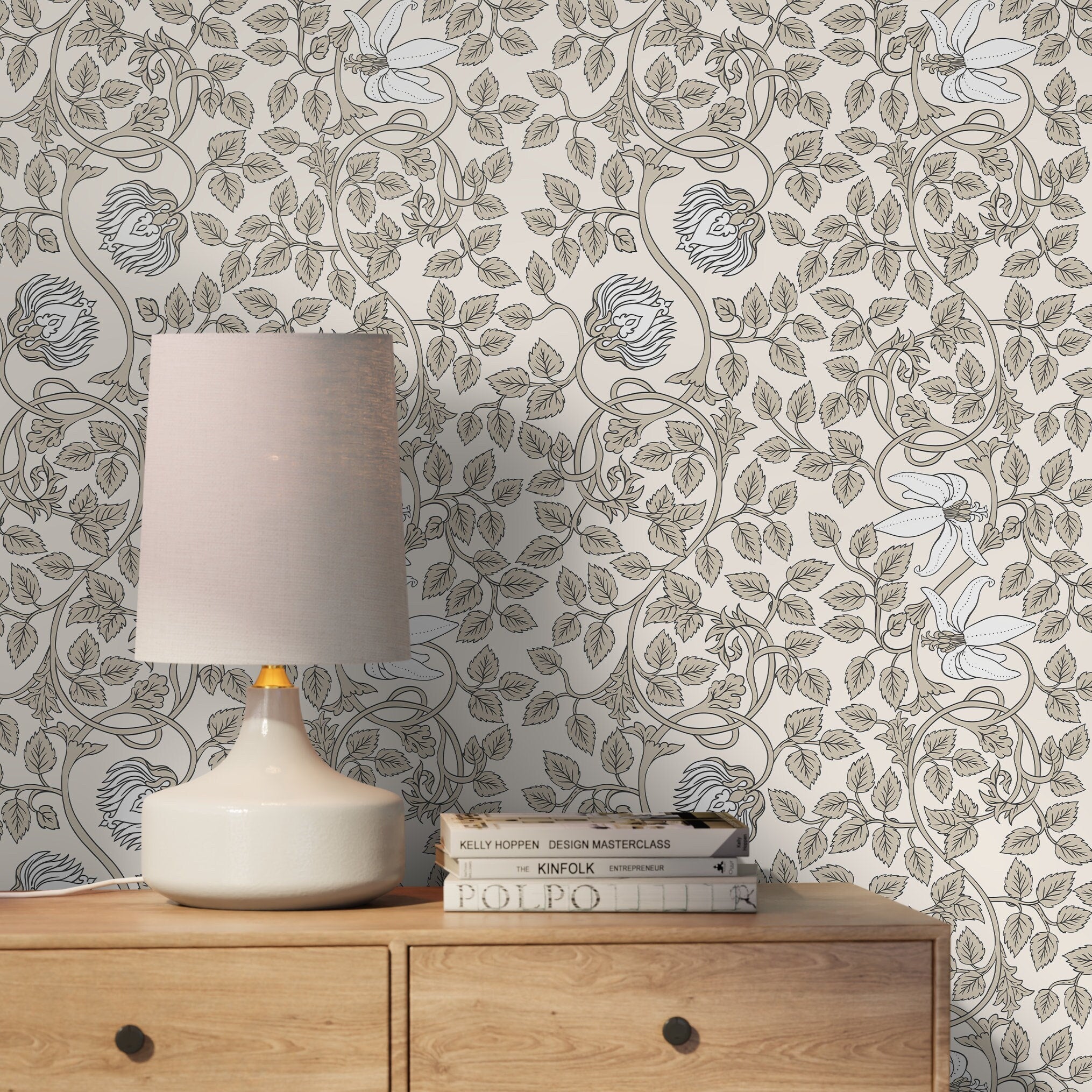 Art Nouveau Wallpaper With A Swirling Floral Vine In Taupe And White - D507