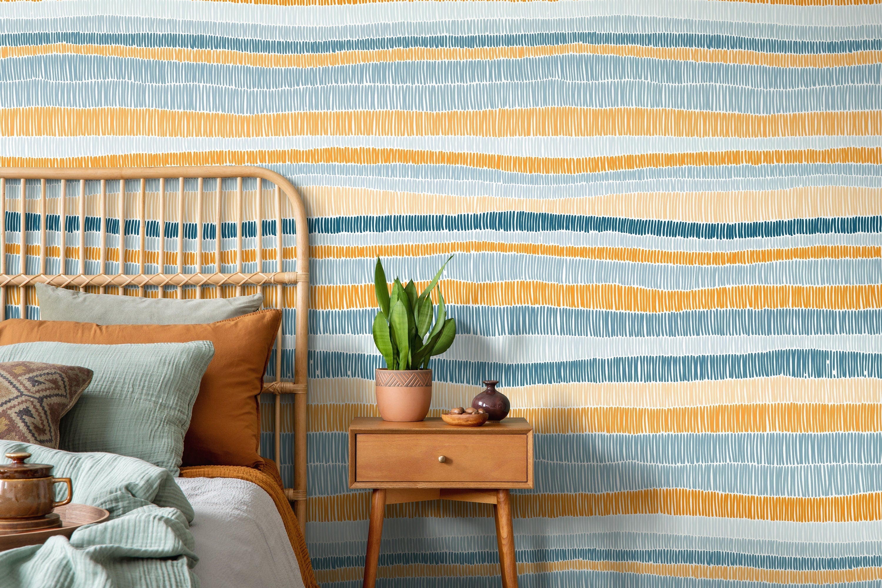 Abstract Wallpaper With Hand-drawn Stripes In Blue, Orange, And Yellow - D508