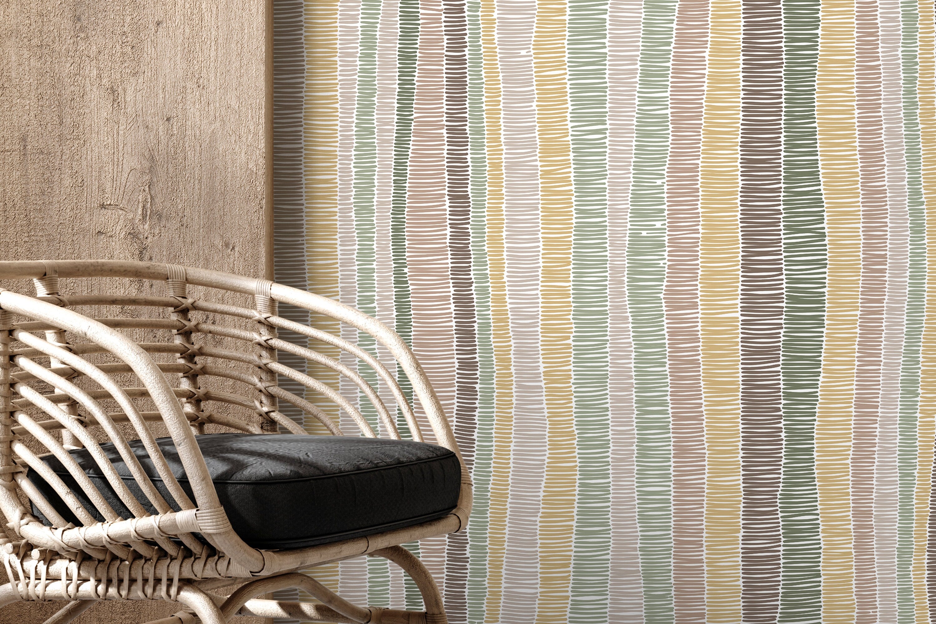 Abstract Wallpaper With Hand-drawn Vertical Stripes In Green, Brown, And Yellow - D510