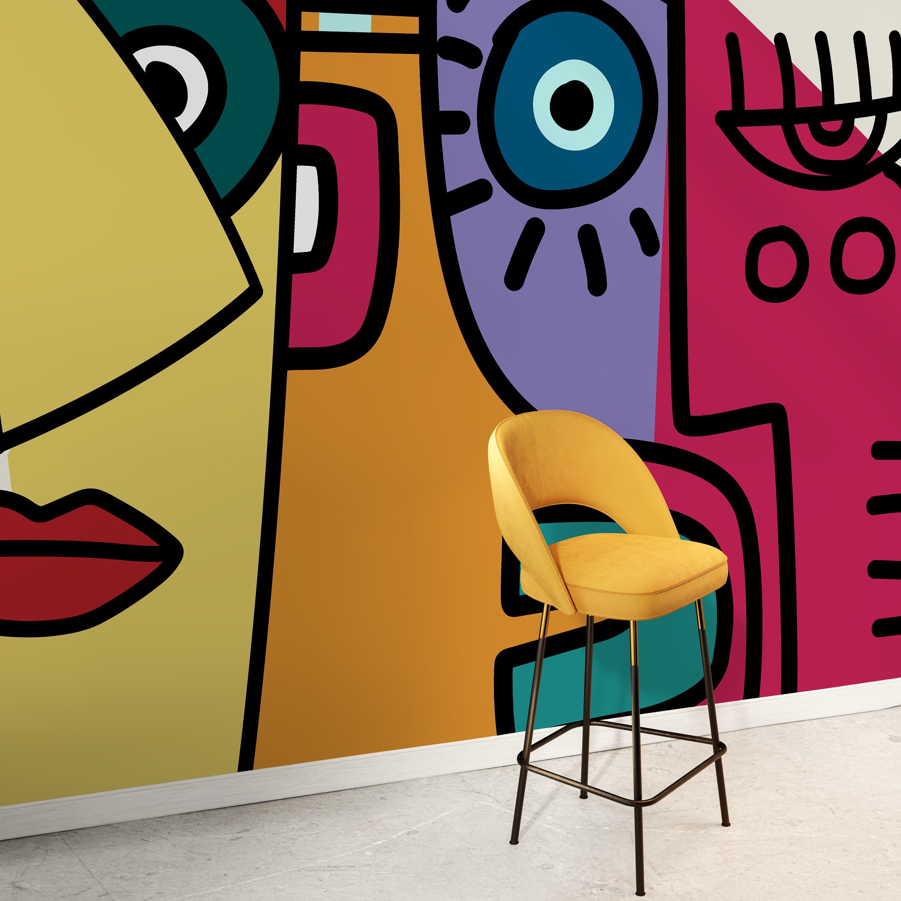 Cubism Wallpaper With Abstract Faces In Yellow, Blue, And Red - D566