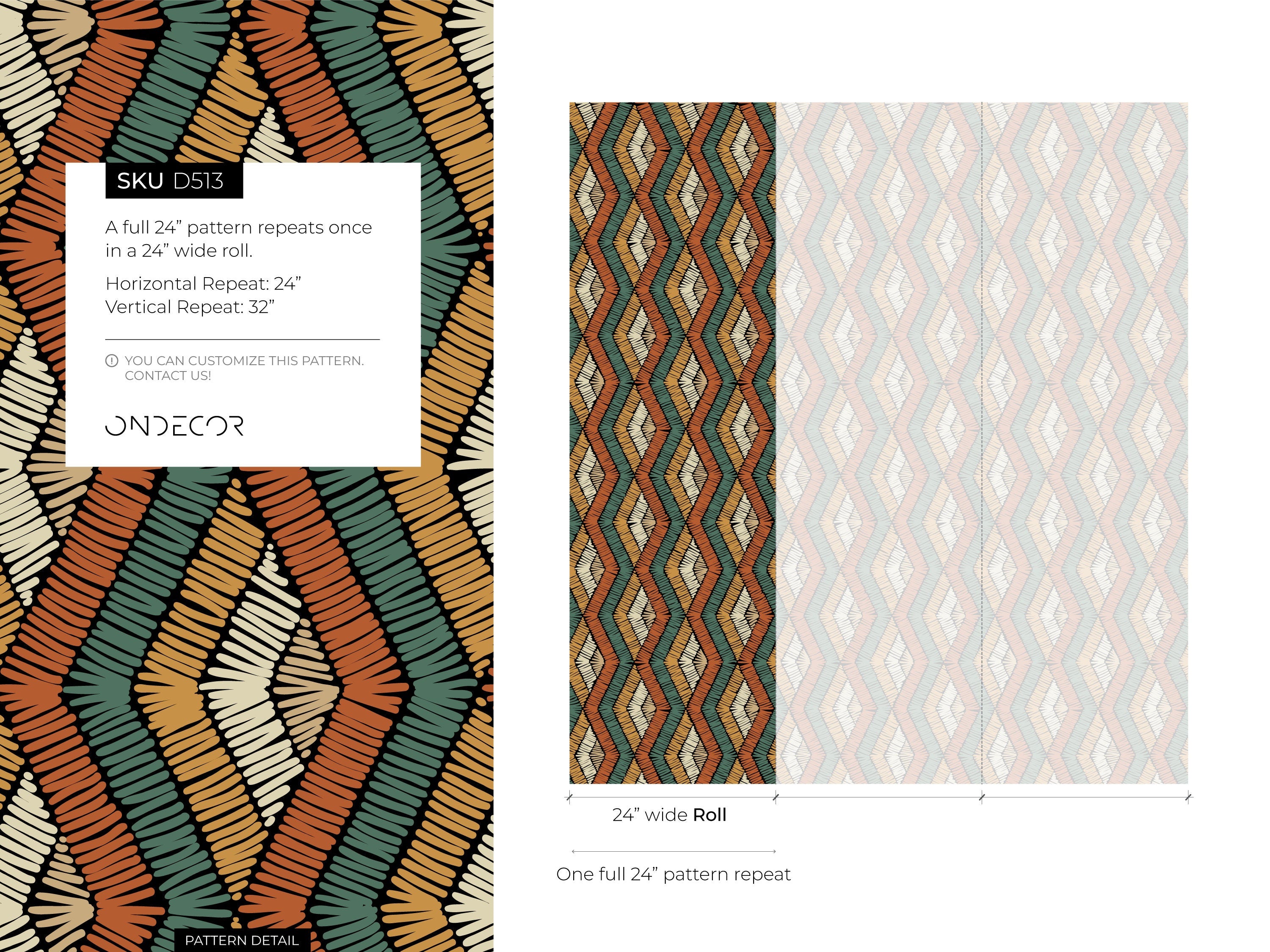Geometric Wallpaper With A Stitched Diamond Motif In Orange, Teal, And Gold - D513