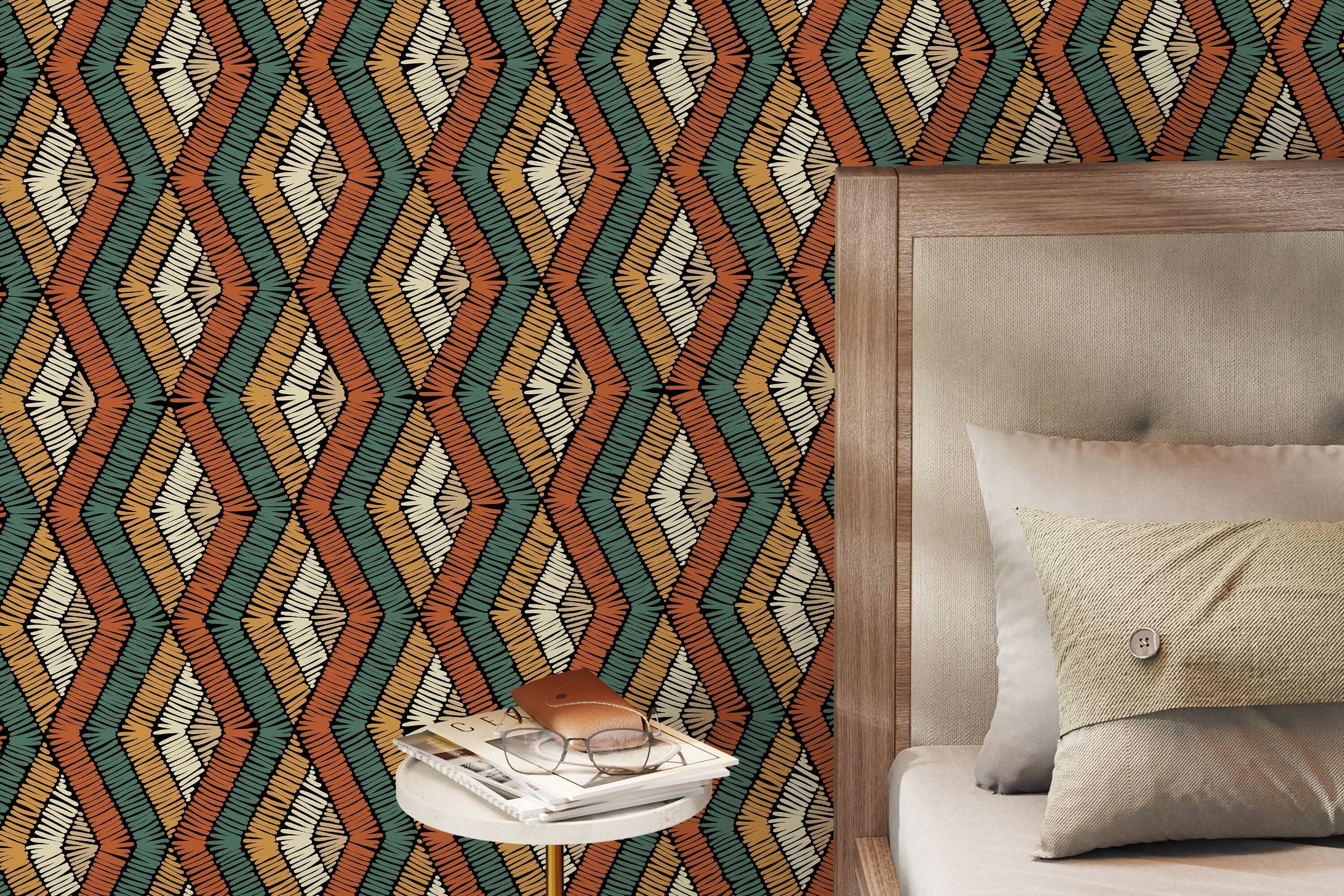 Geometric Wallpaper With A Stitched Diamond Motif In Orange, Teal, And Gold - D513