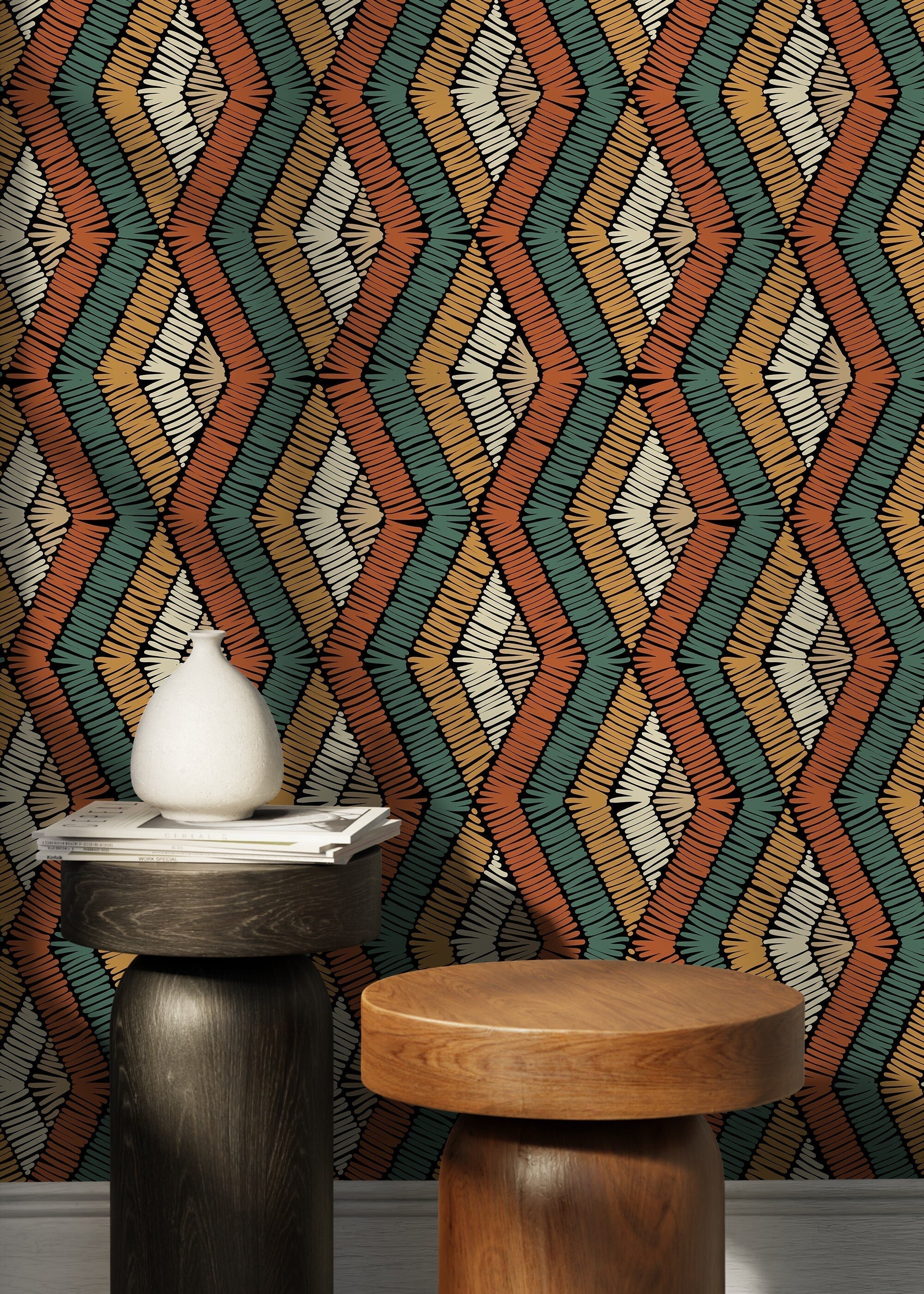Geometric Wallpaper With A Stitched Diamond Motif In Orange, Teal, And Gold - D513