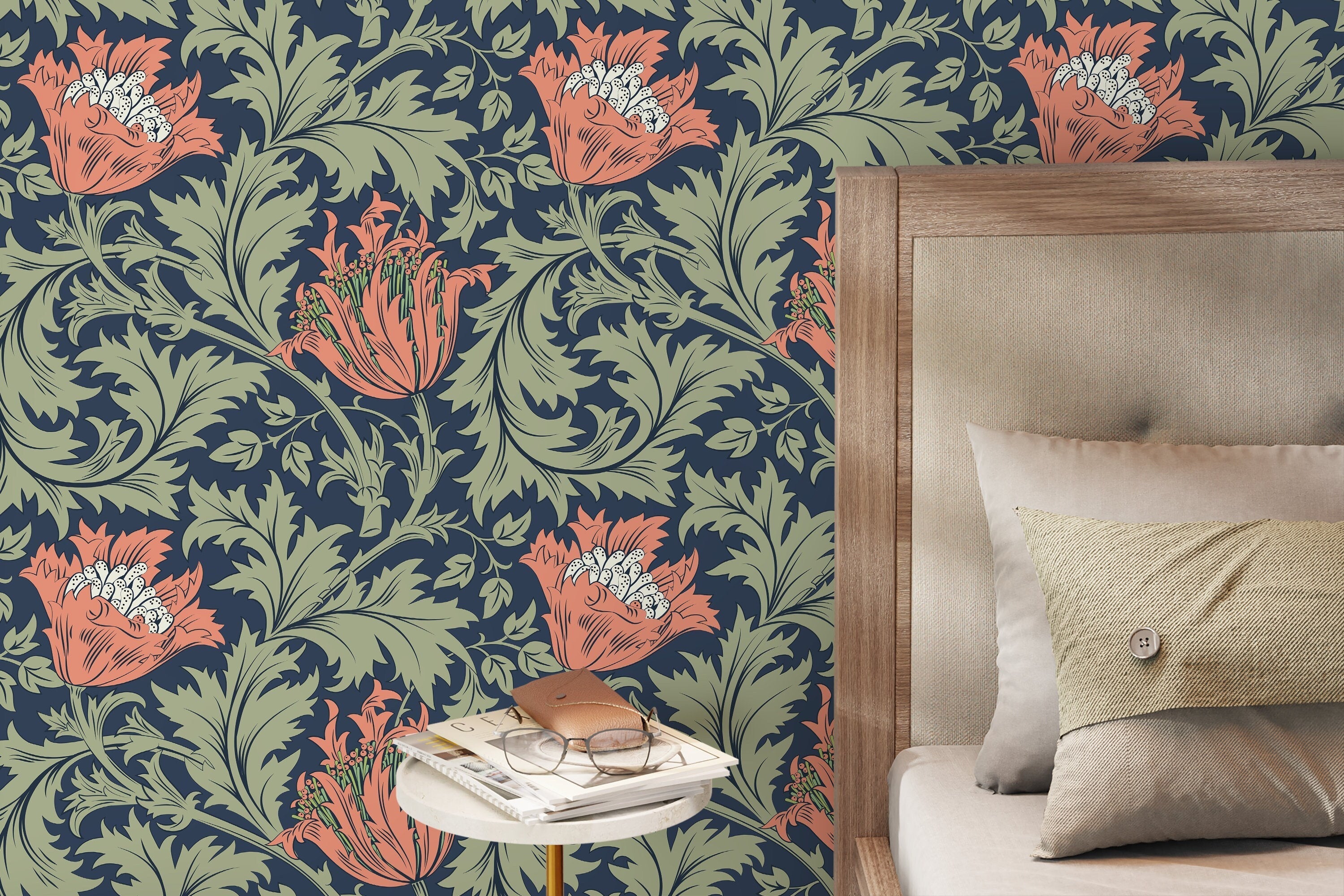 Floral Wallpaper With Stylized Tulips And Leaves In Navy, Coral, And Green - D514