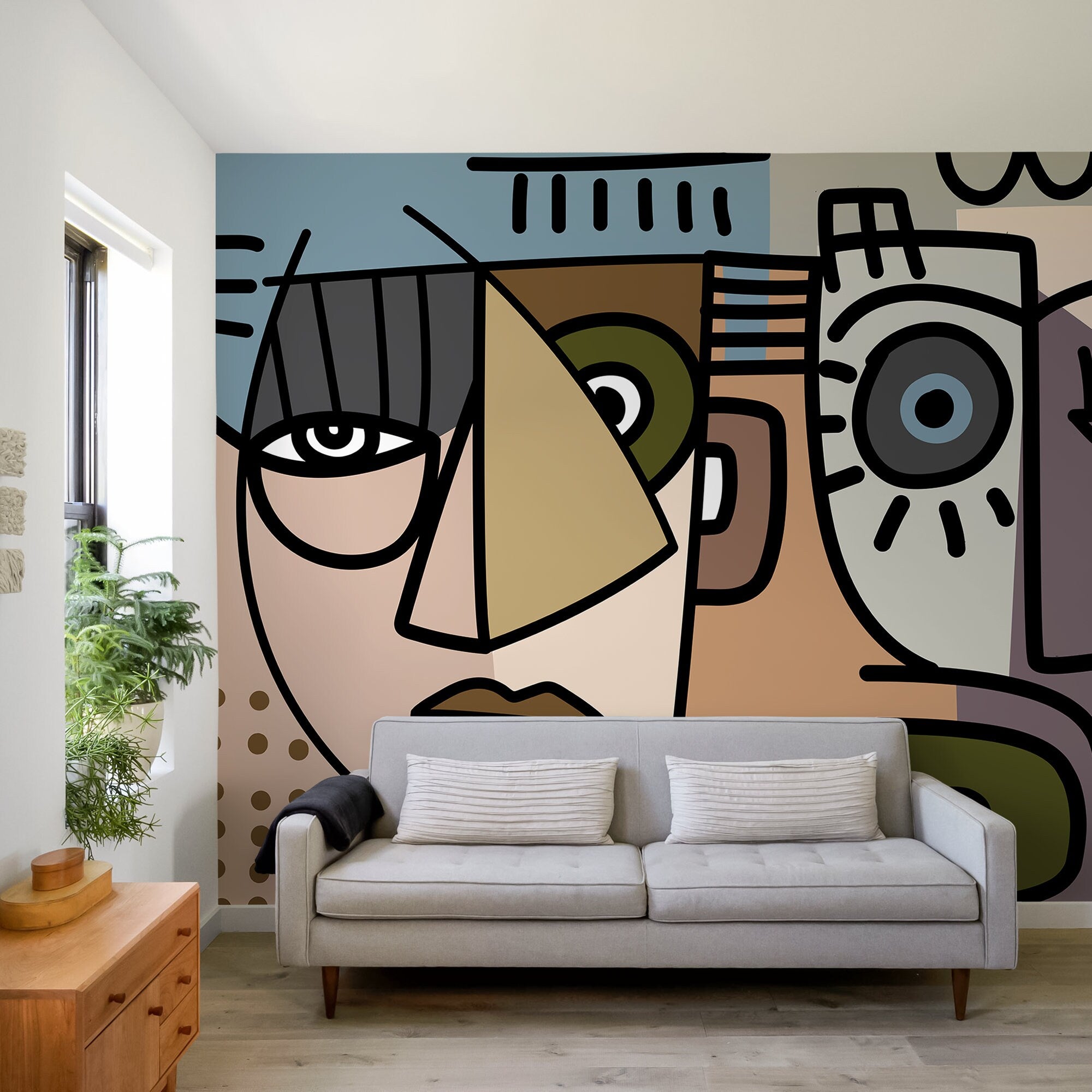 Cubism Wallpaper Featuring Abstract Faces In Brown, Blue, And Gray - D567