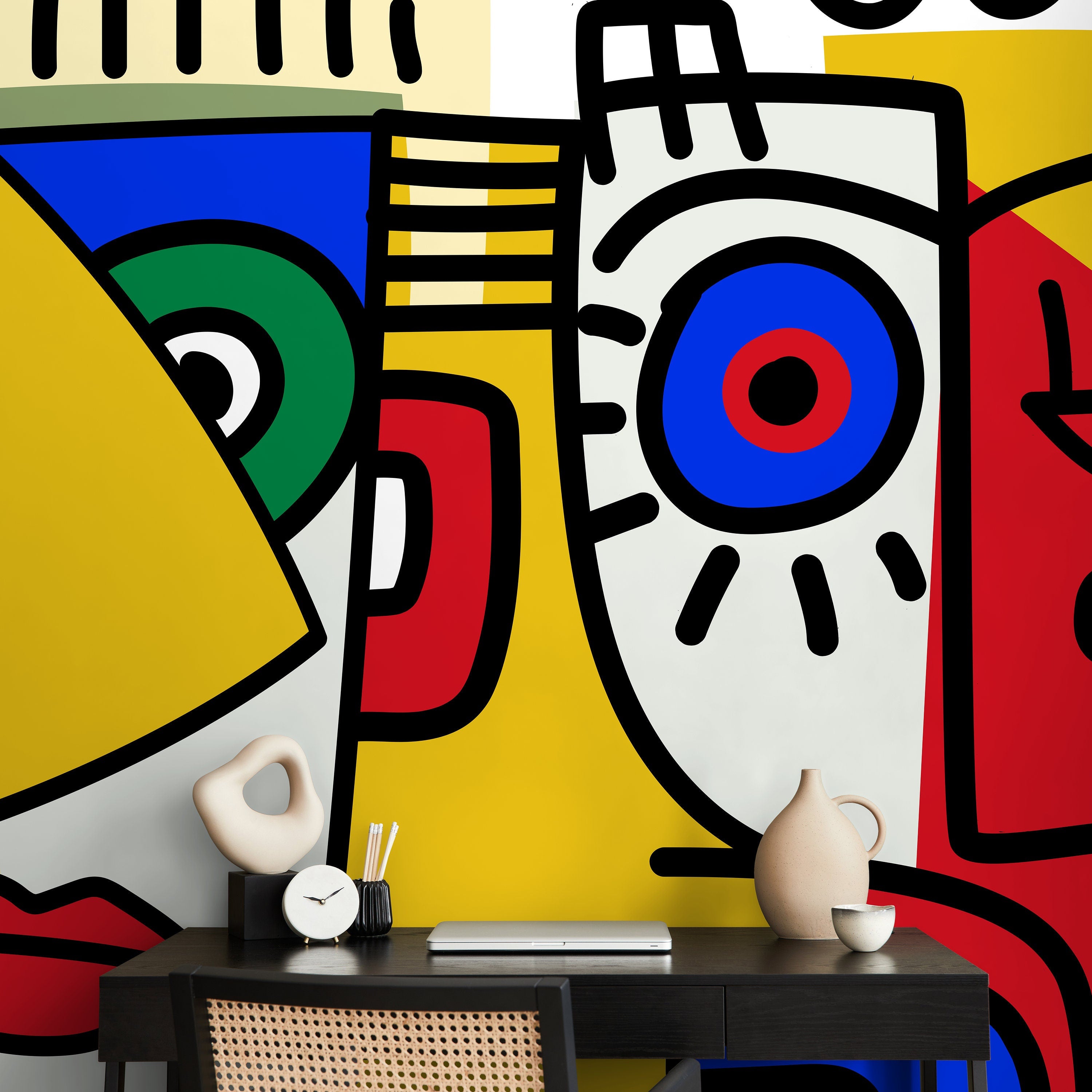 Cubism Wallpaper With Bold Abstract Faces In Yellow, Blue, And Red - D568