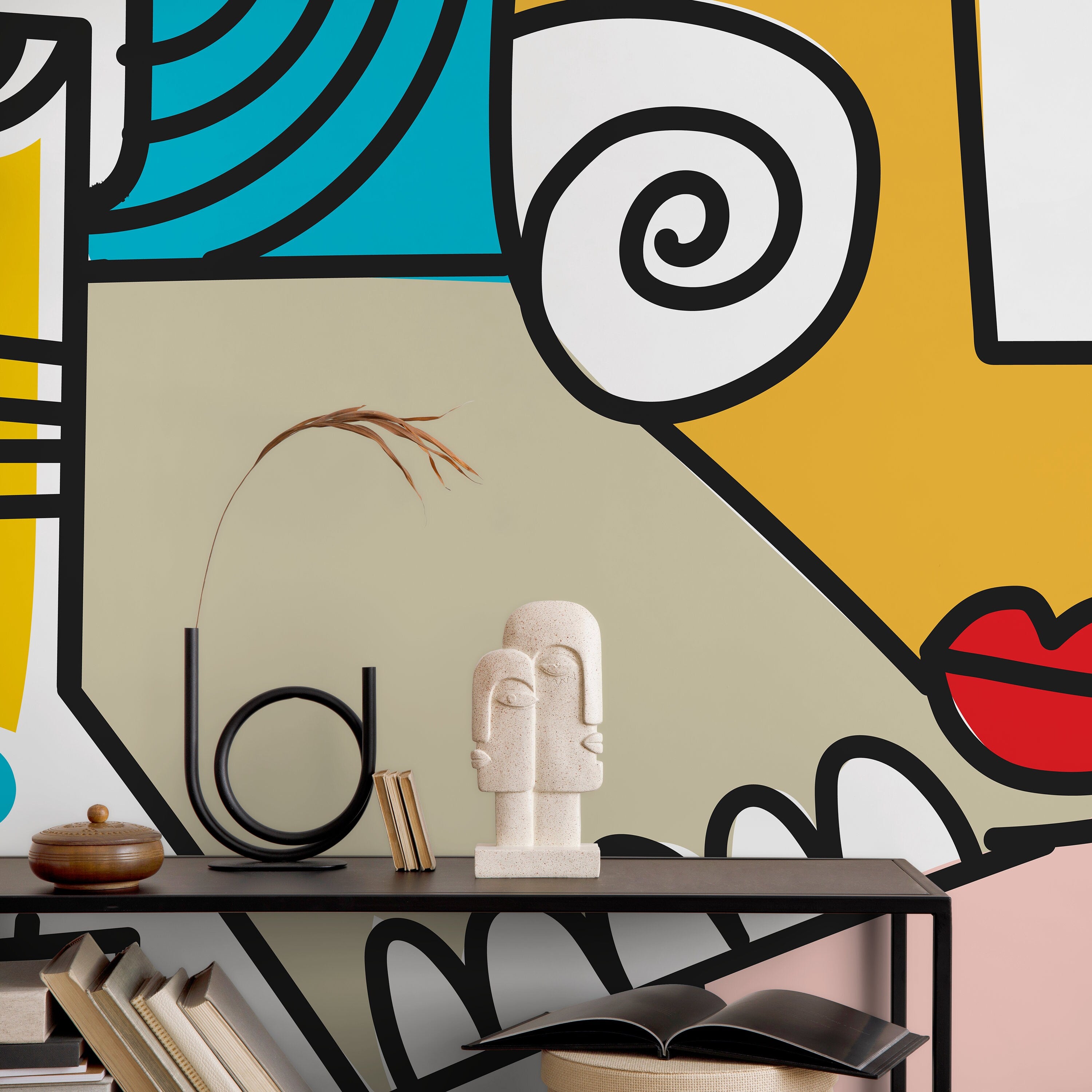 Cubism Wallpaper With Abstract Faces In Red, Yellow, And Blue - D569