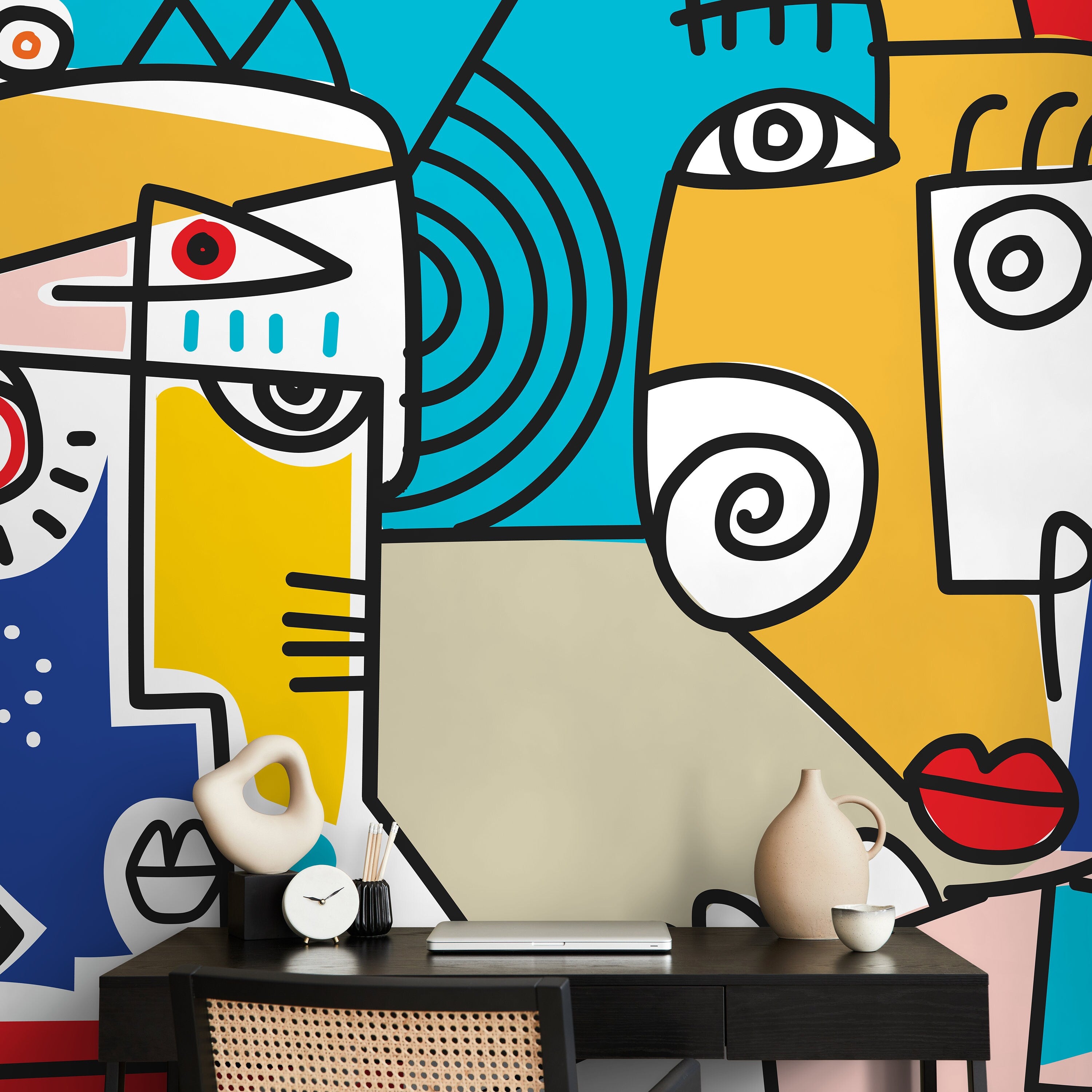 Cubism Wallpaper With Abstract Faces In Red, Yellow, And Blue - D569