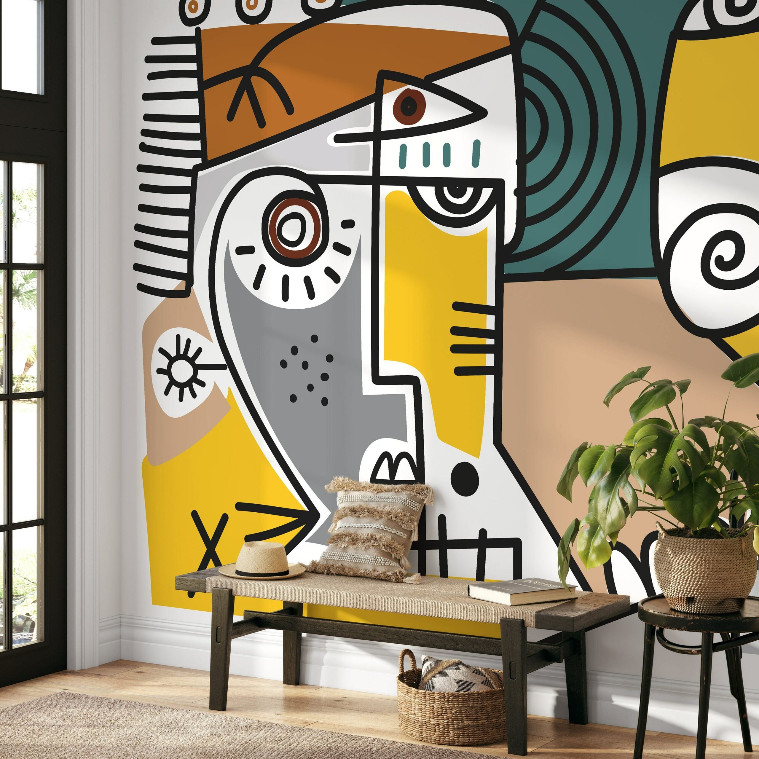 Cubism Wallpaper With A Bold Abstract Face In Yellow, Gray, And Brown - D570