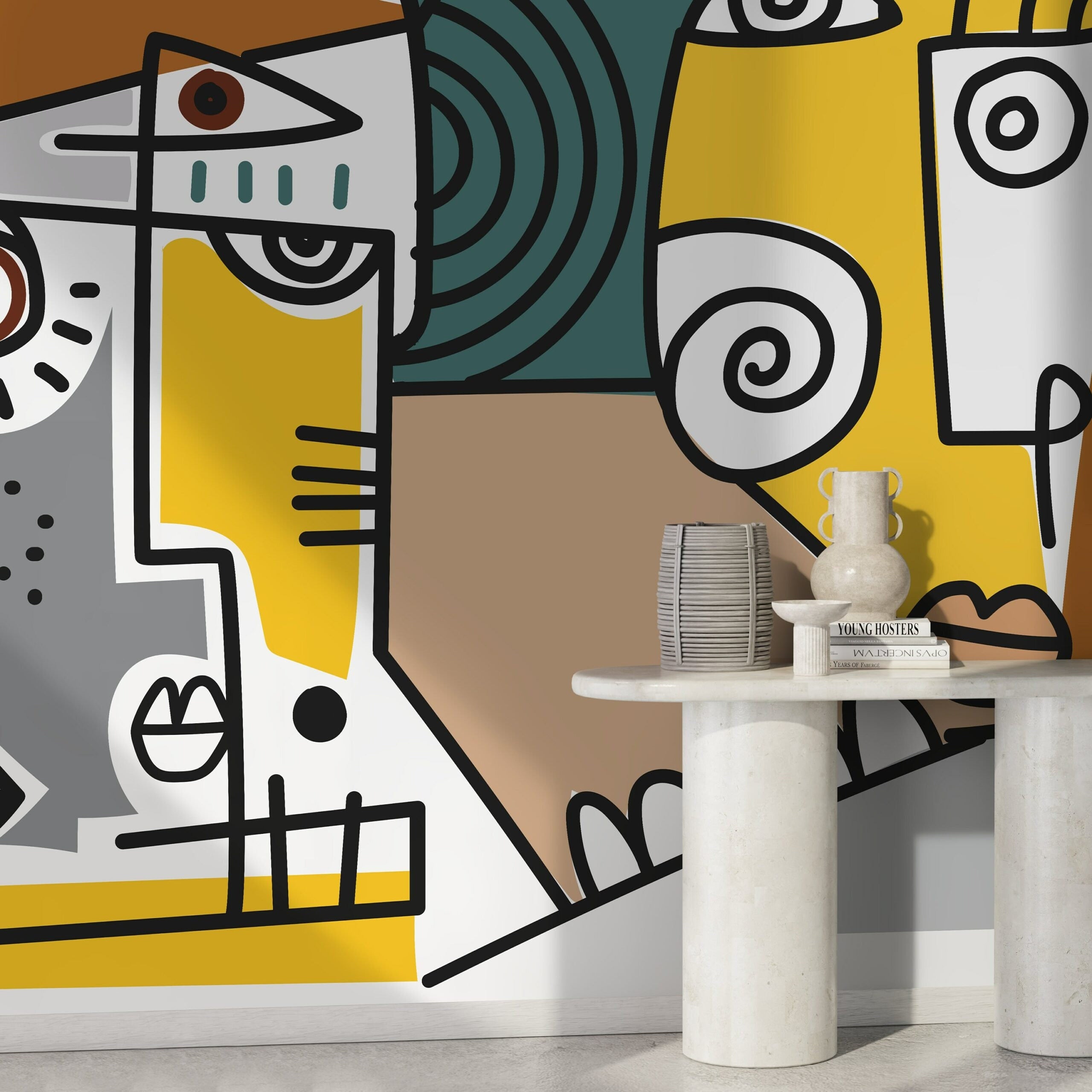 Cubism Wallpaper With A Bold Abstract Face In Yellow, Gray, And Brown - D570