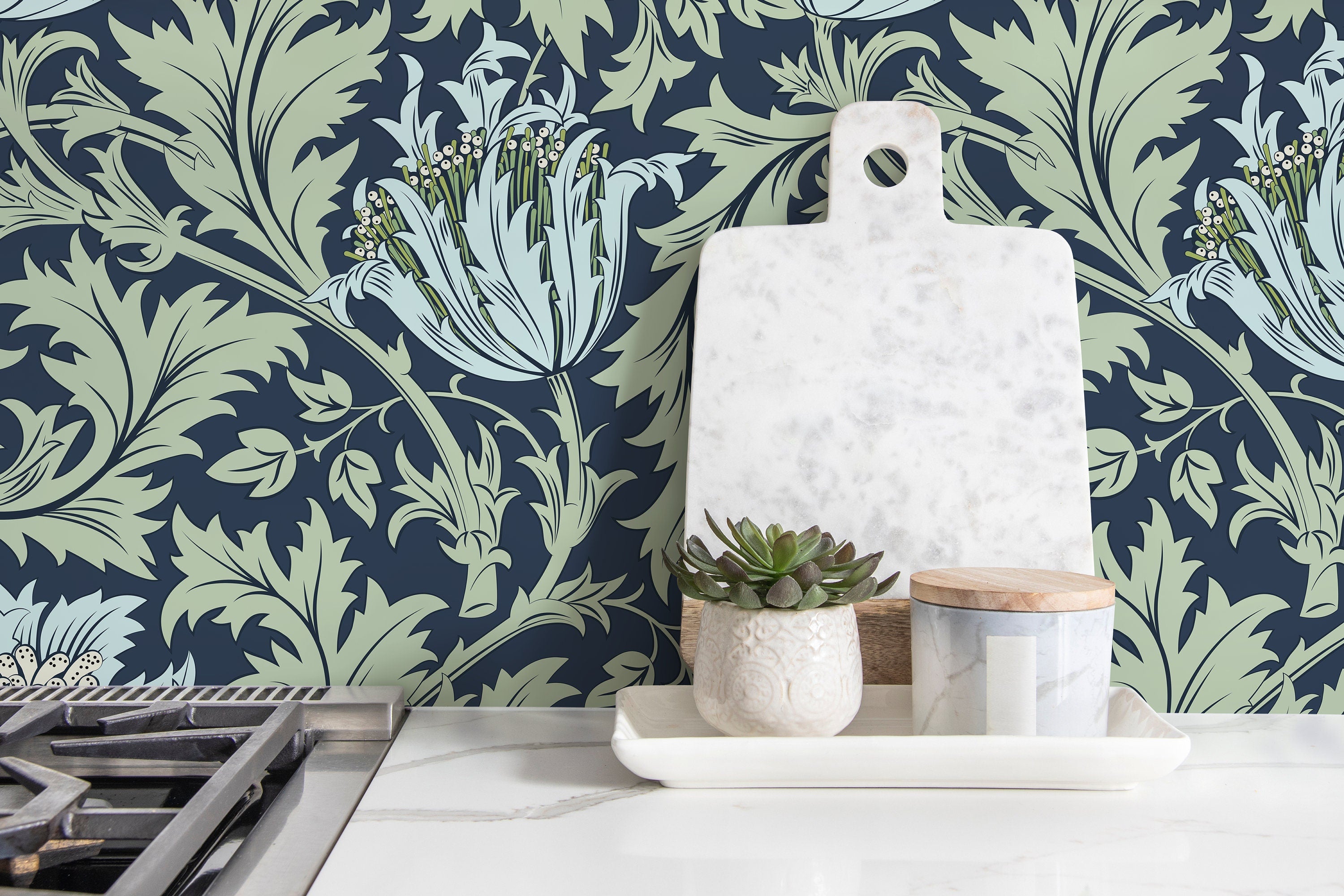 Arts And Crafts Wallpaper With Stylized Tulips In Navy Blue And Sage Green - D516