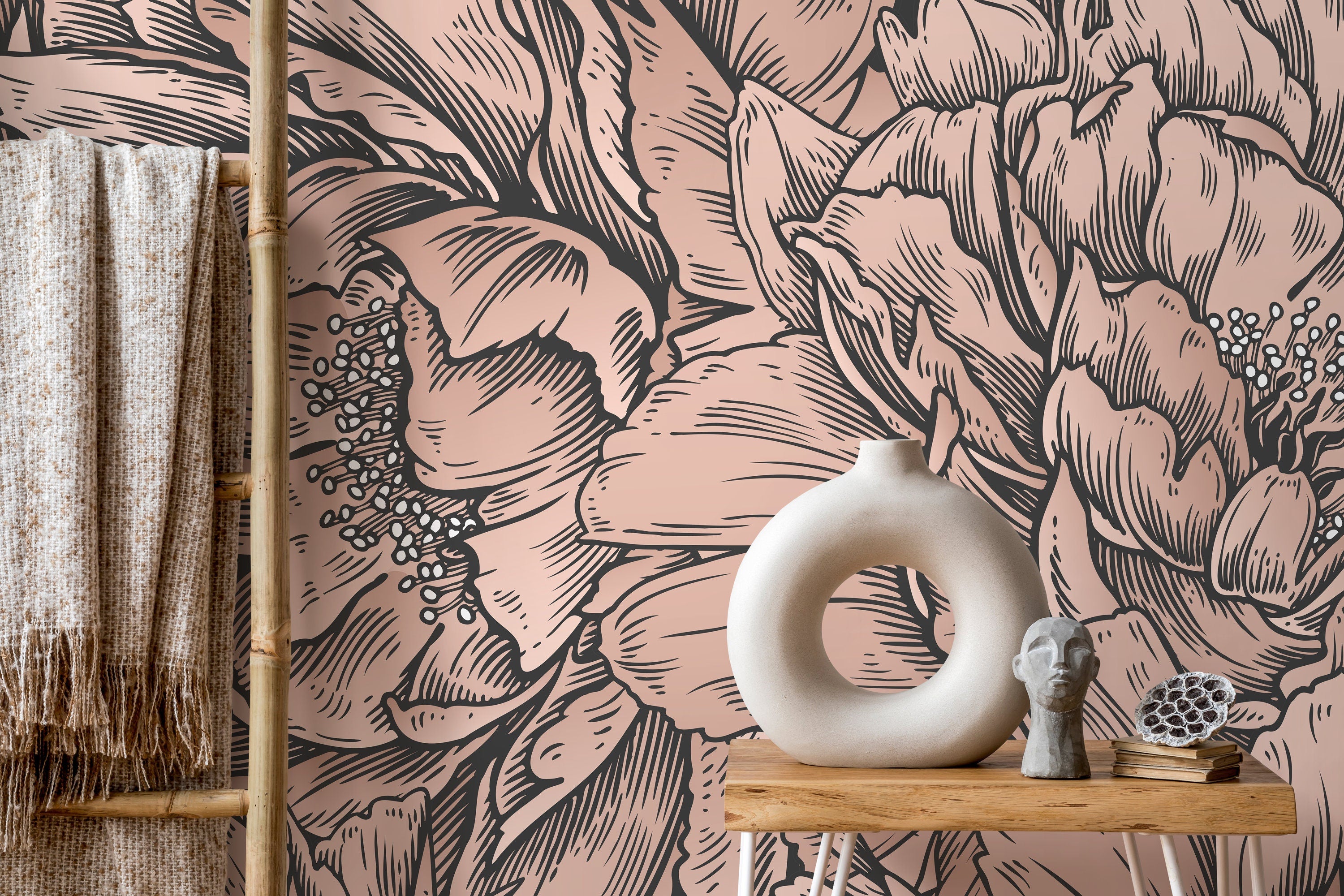 Floral Wallpaper With An Etched Peony Motif In Pink And Black - D517