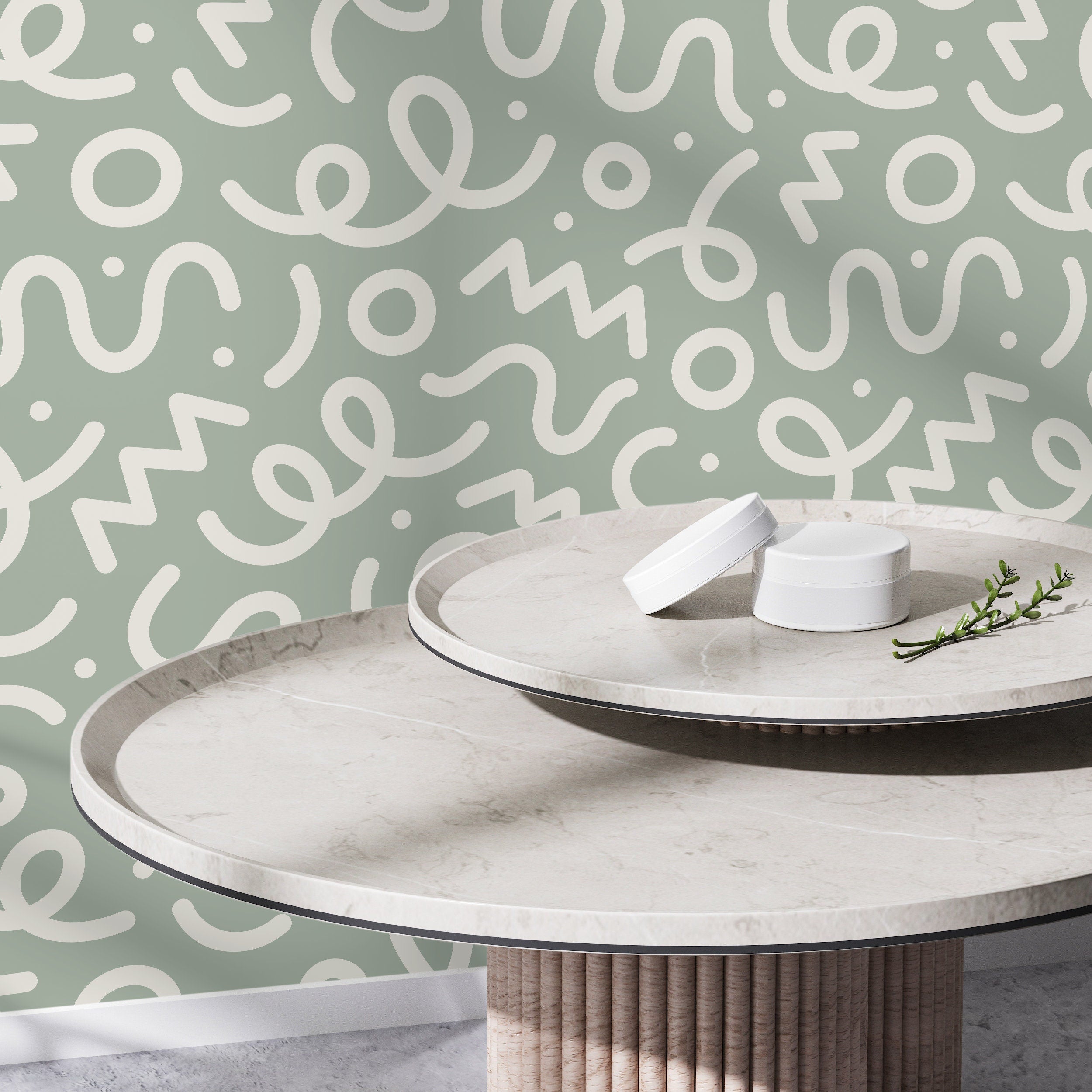 Abstract Wallpaper With A Medley Of Squiggles In Sage Green And White - D573