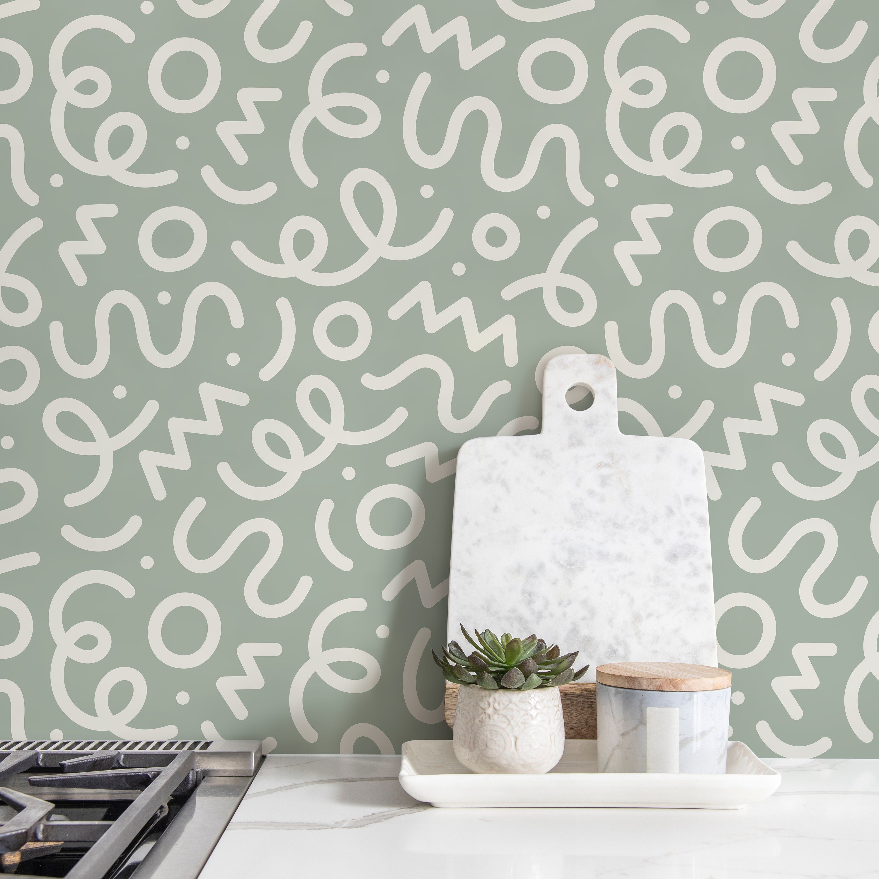 Abstract Wallpaper With A Medley Of Squiggles In Sage Green And White - D573