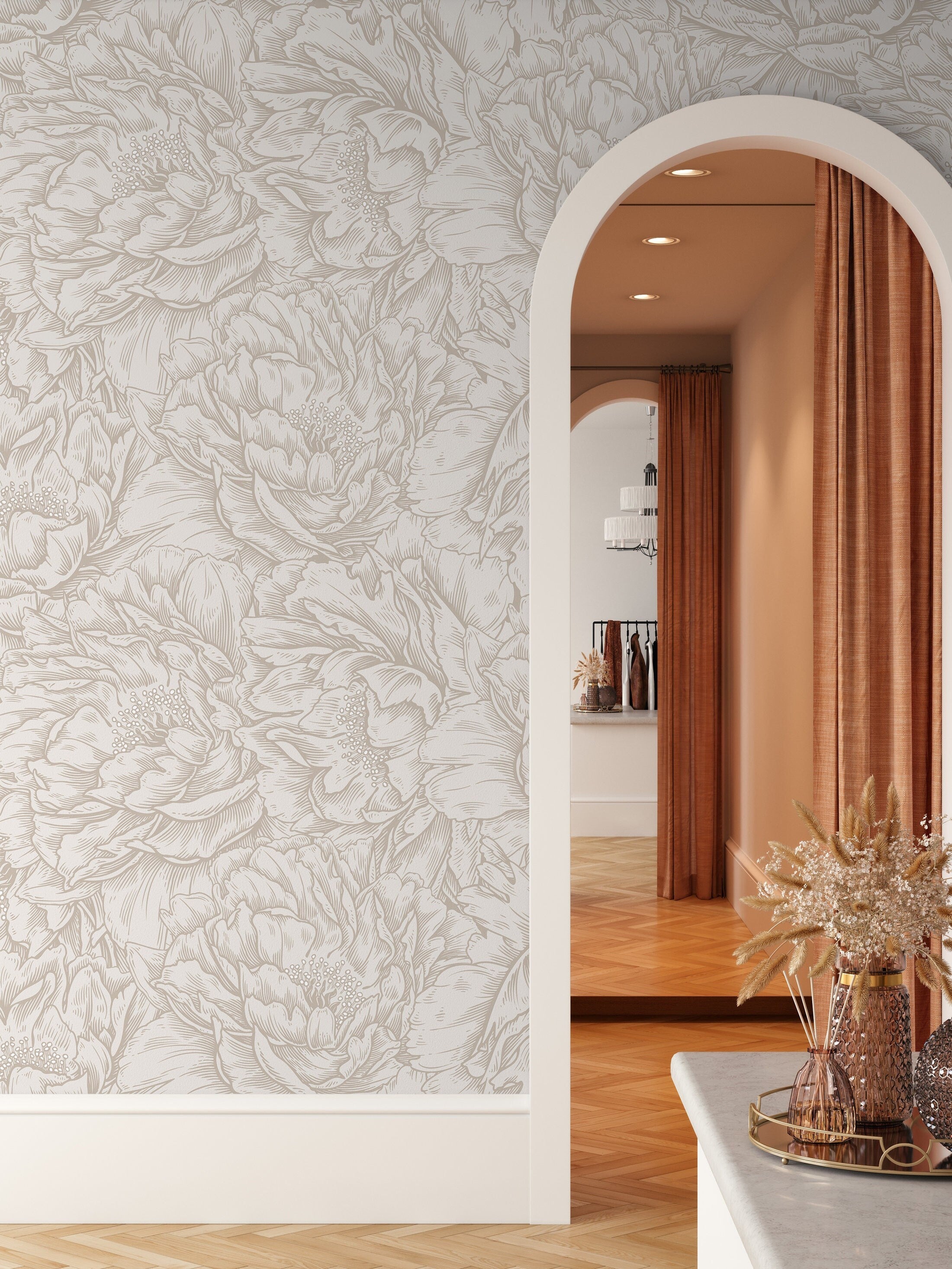 Floral Wallpaper With An Engraved Peony Motif In Beige And Cream - D520