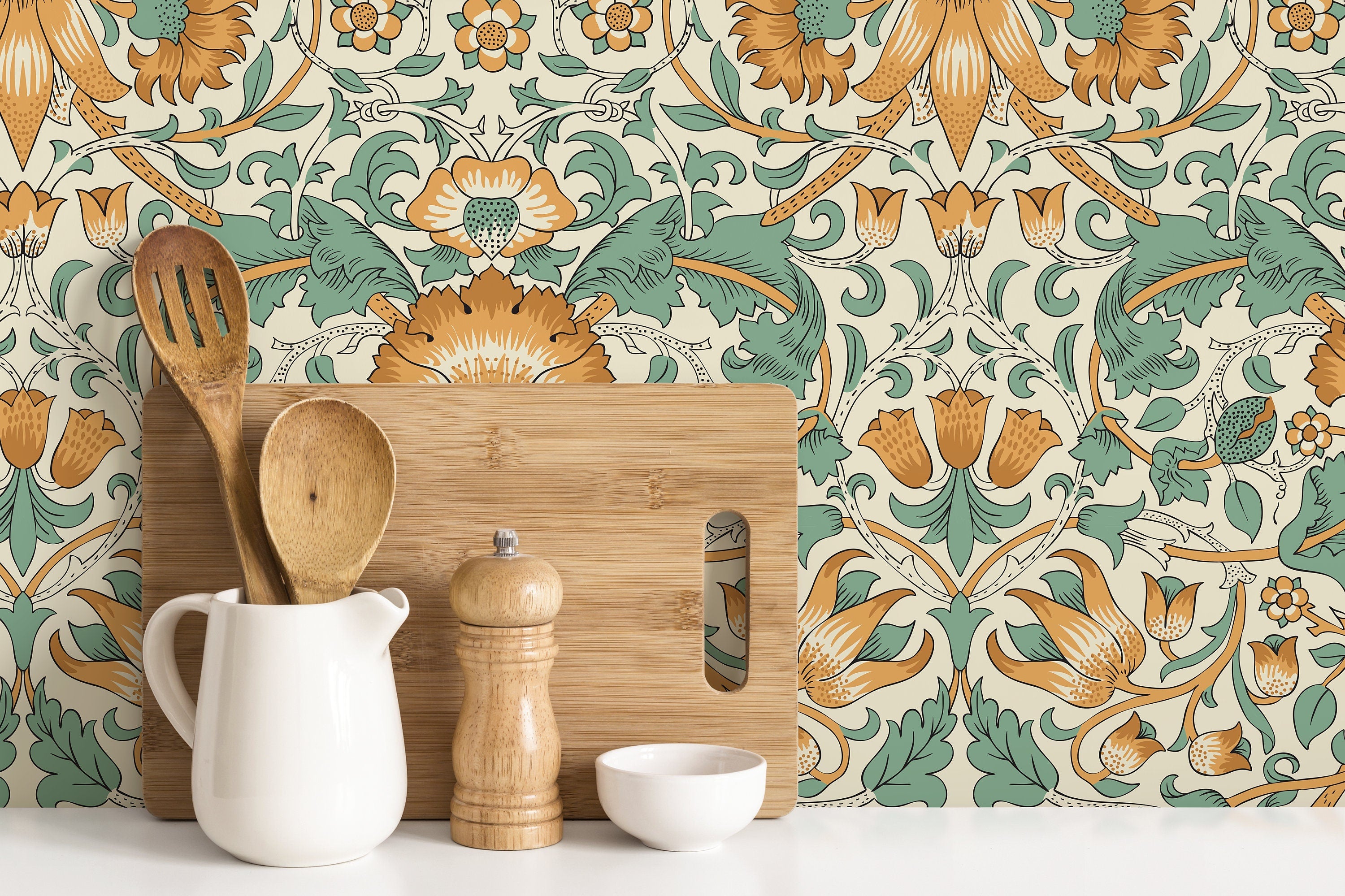 Art Nouveau Wallpaper With Stylized Florals In Orange And Green - D522