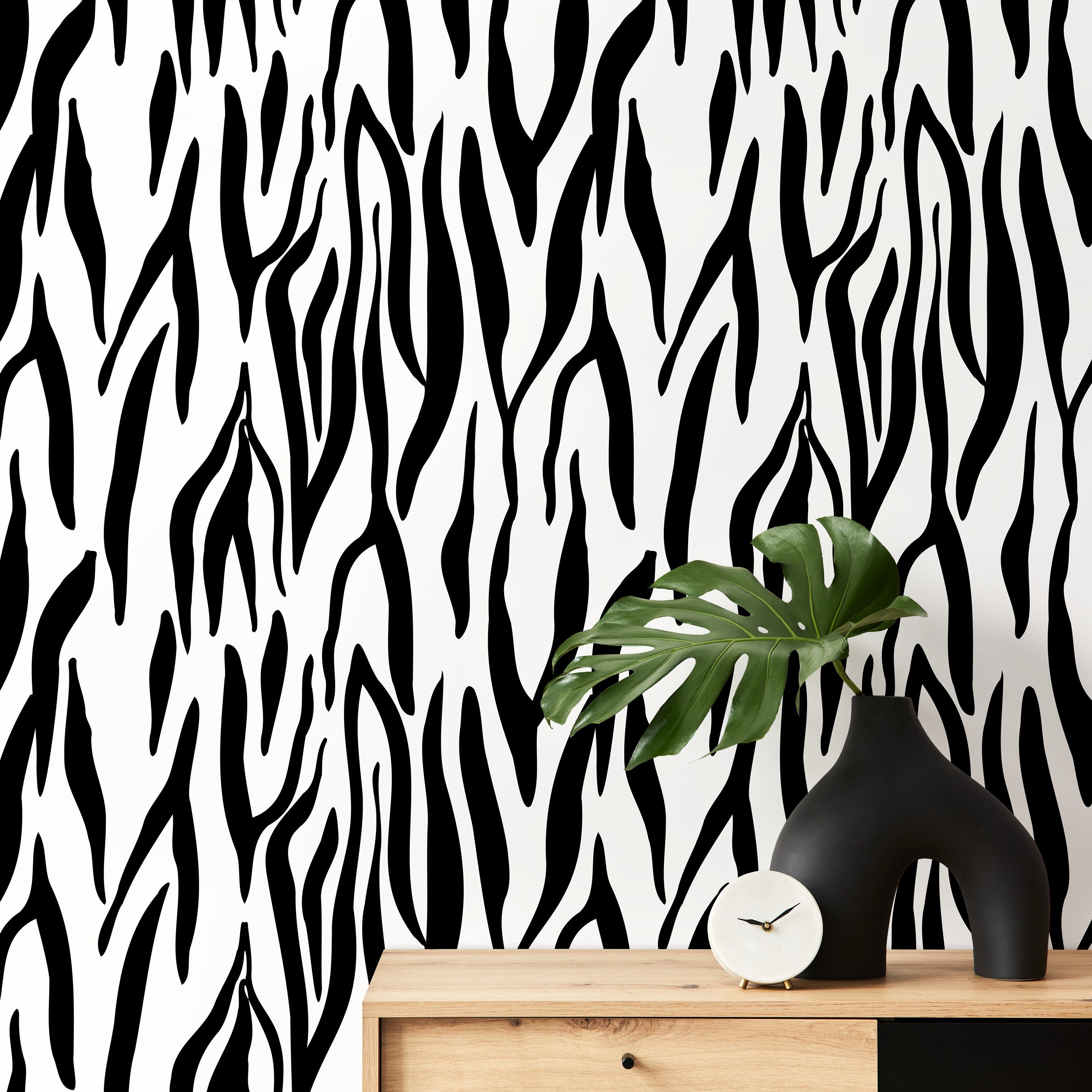 Animal Print Wallpaper With Bold Zebra Stripes In Black And White - D607
