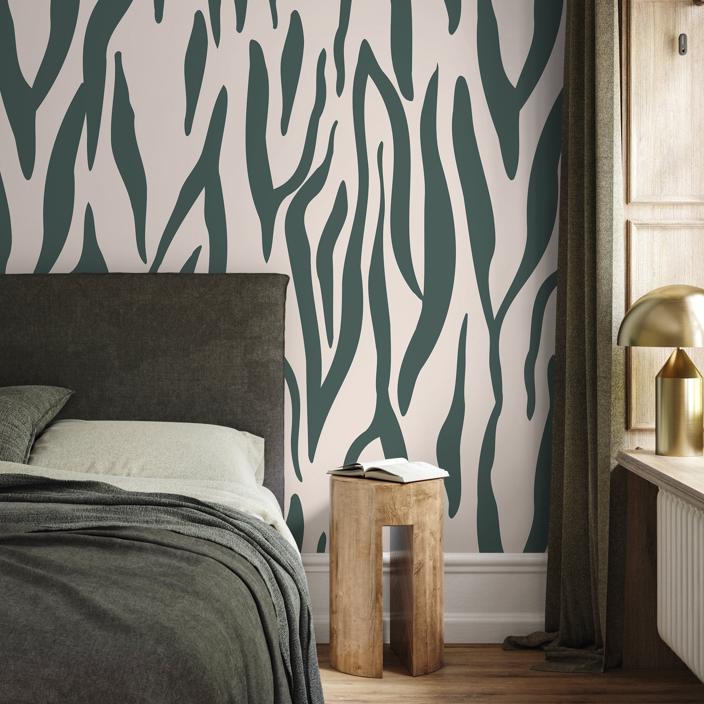 Abstract Wallpaper With An Organic Stripe Motif In Green And Beige - D609