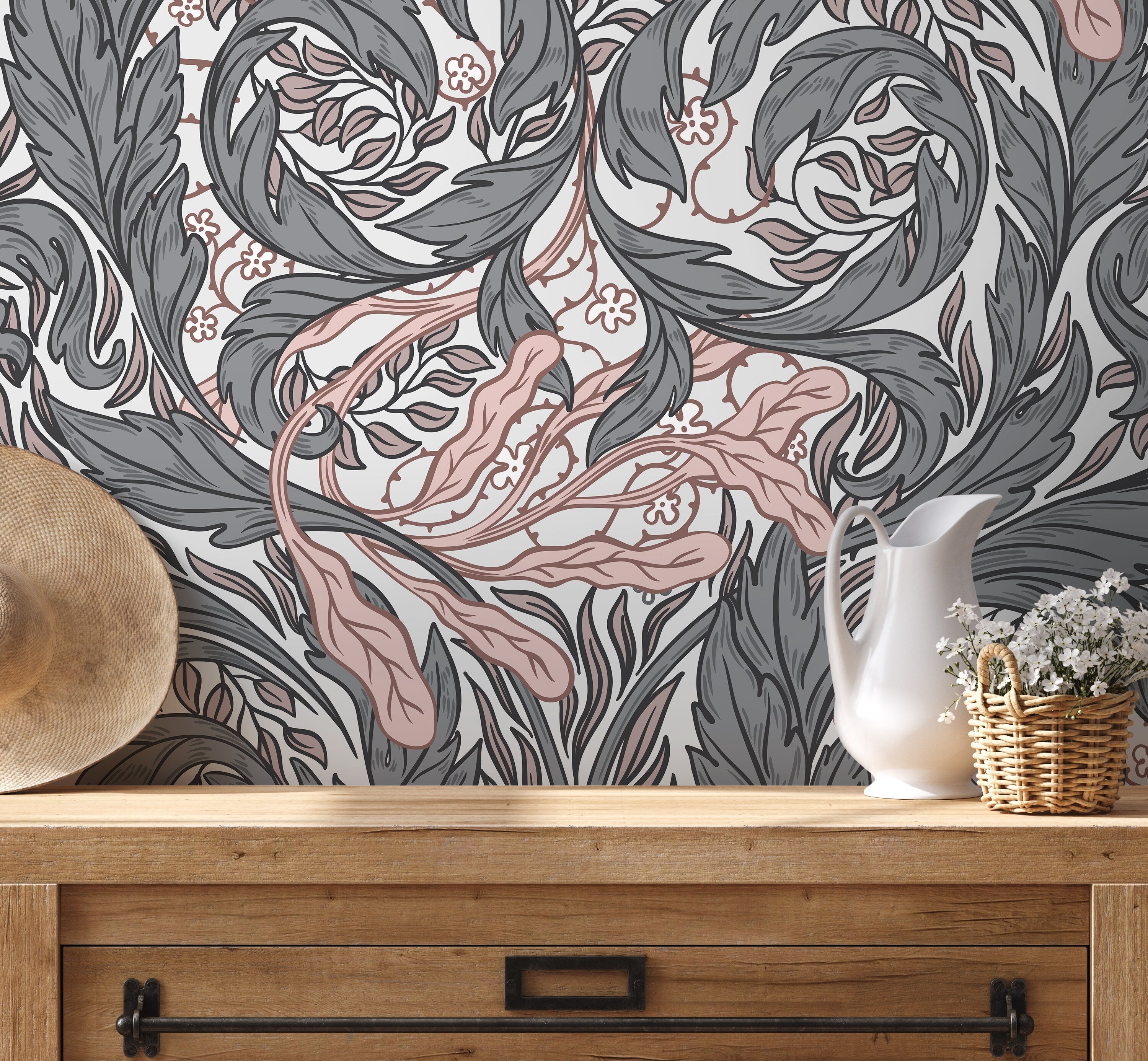 Botanical Wallpaper With Swirling Acanthus Leaves In Gray And Pink - D524