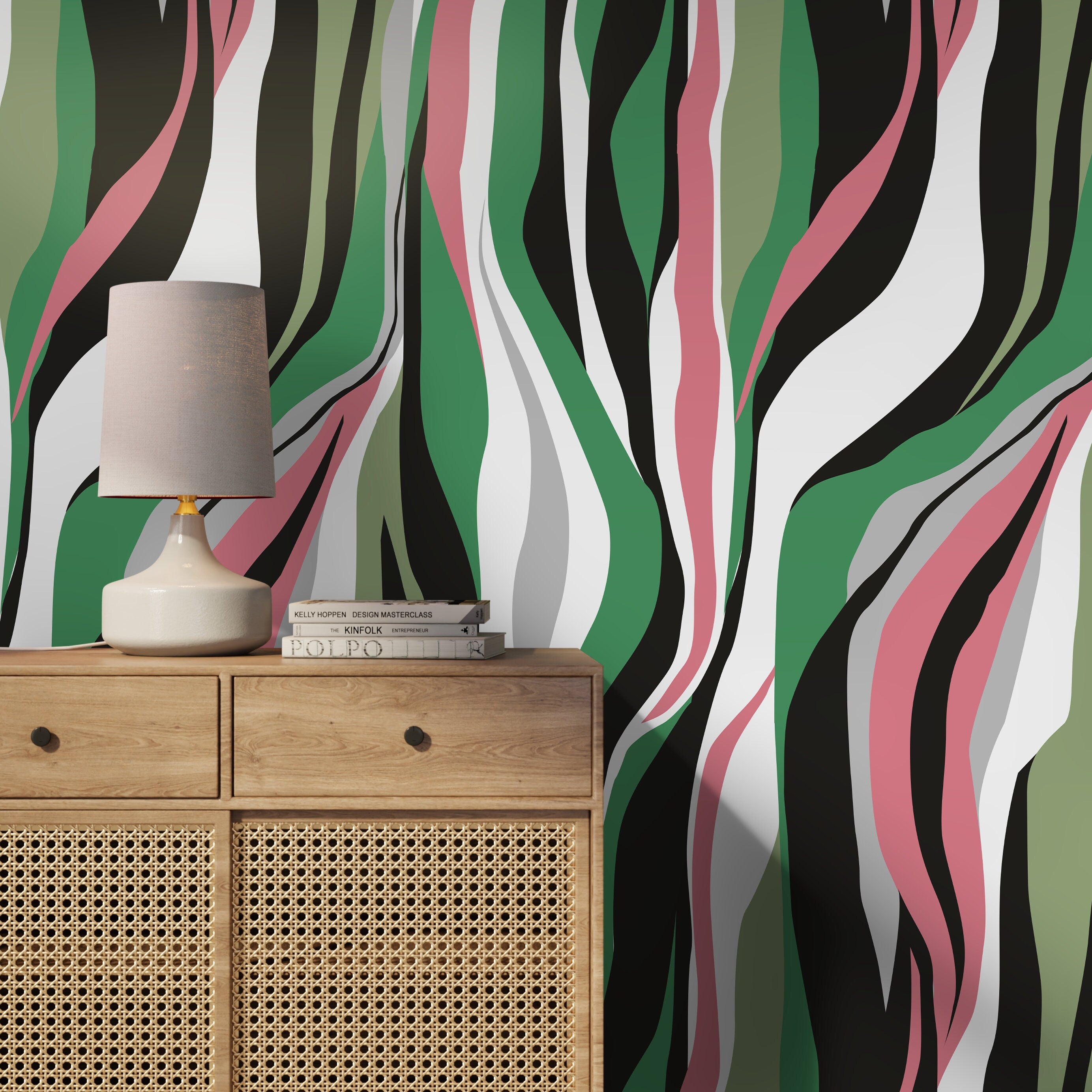 Abstract Wallpaper With Flowing Organic Waves In Green, Pink, And Black - D611