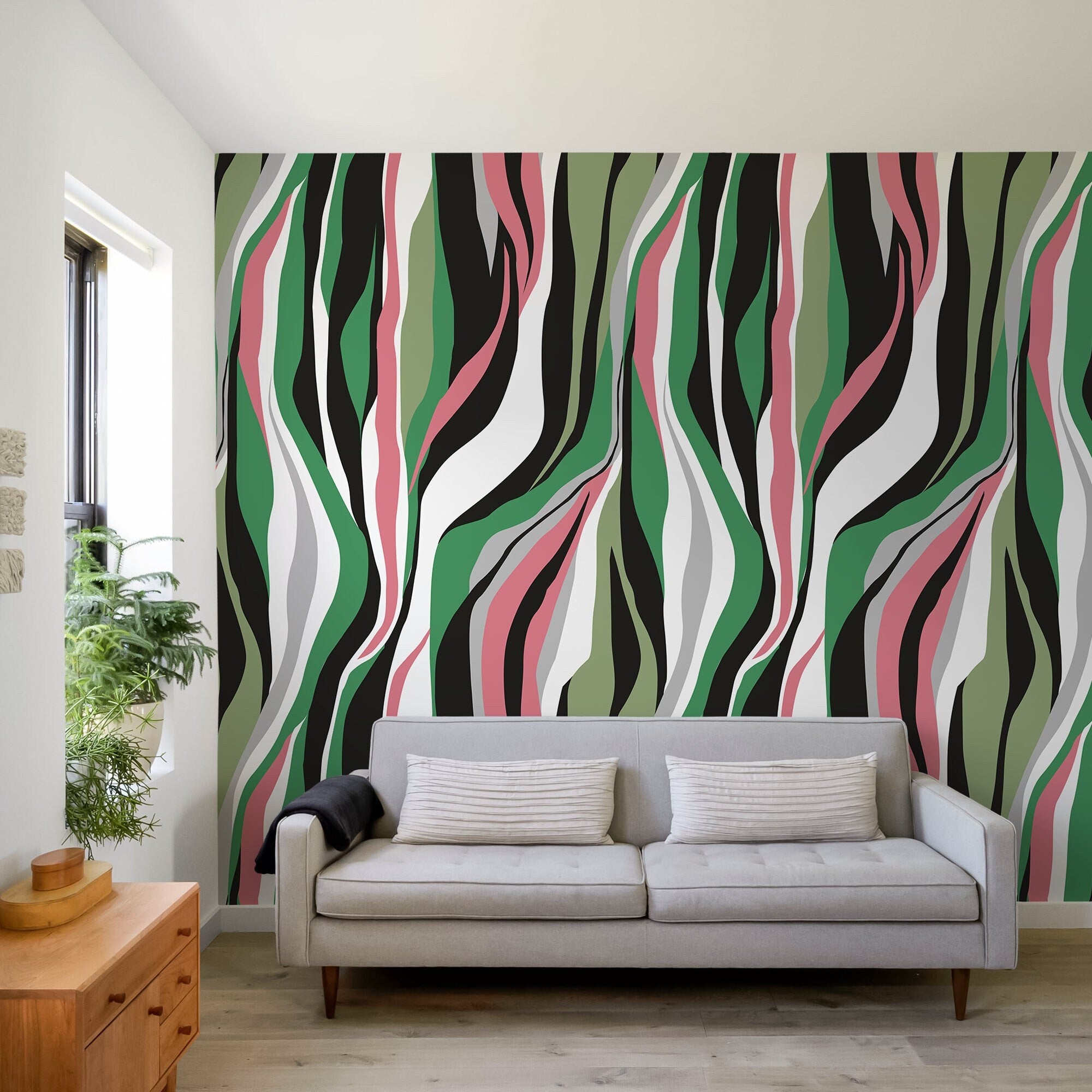 Abstract Wallpaper With Flowing Organic Waves In Green, Pink, And Black - D611
