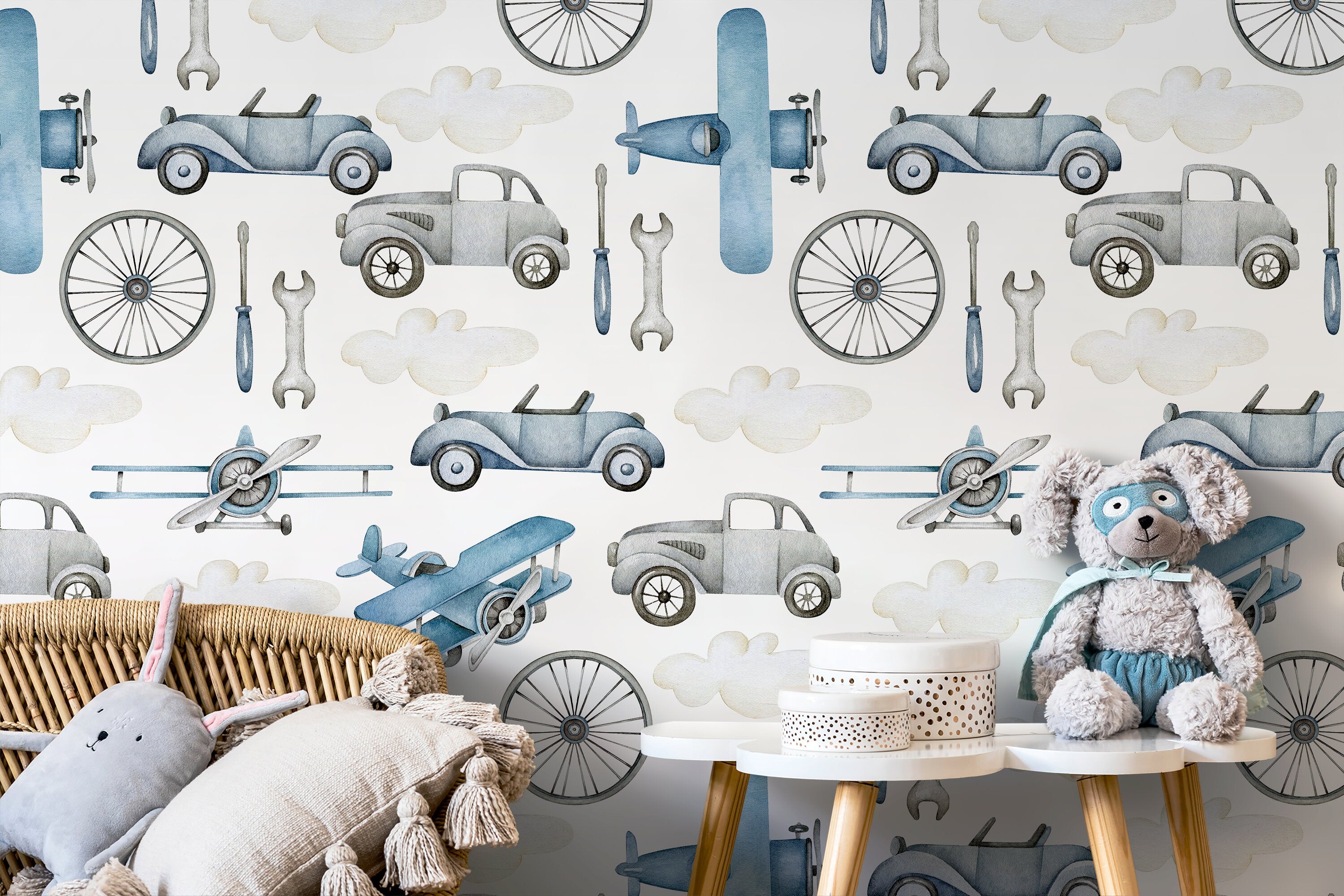 Transportation Wallpaper With Vintage Airplanes And Cars In Blue And Gray - D527
