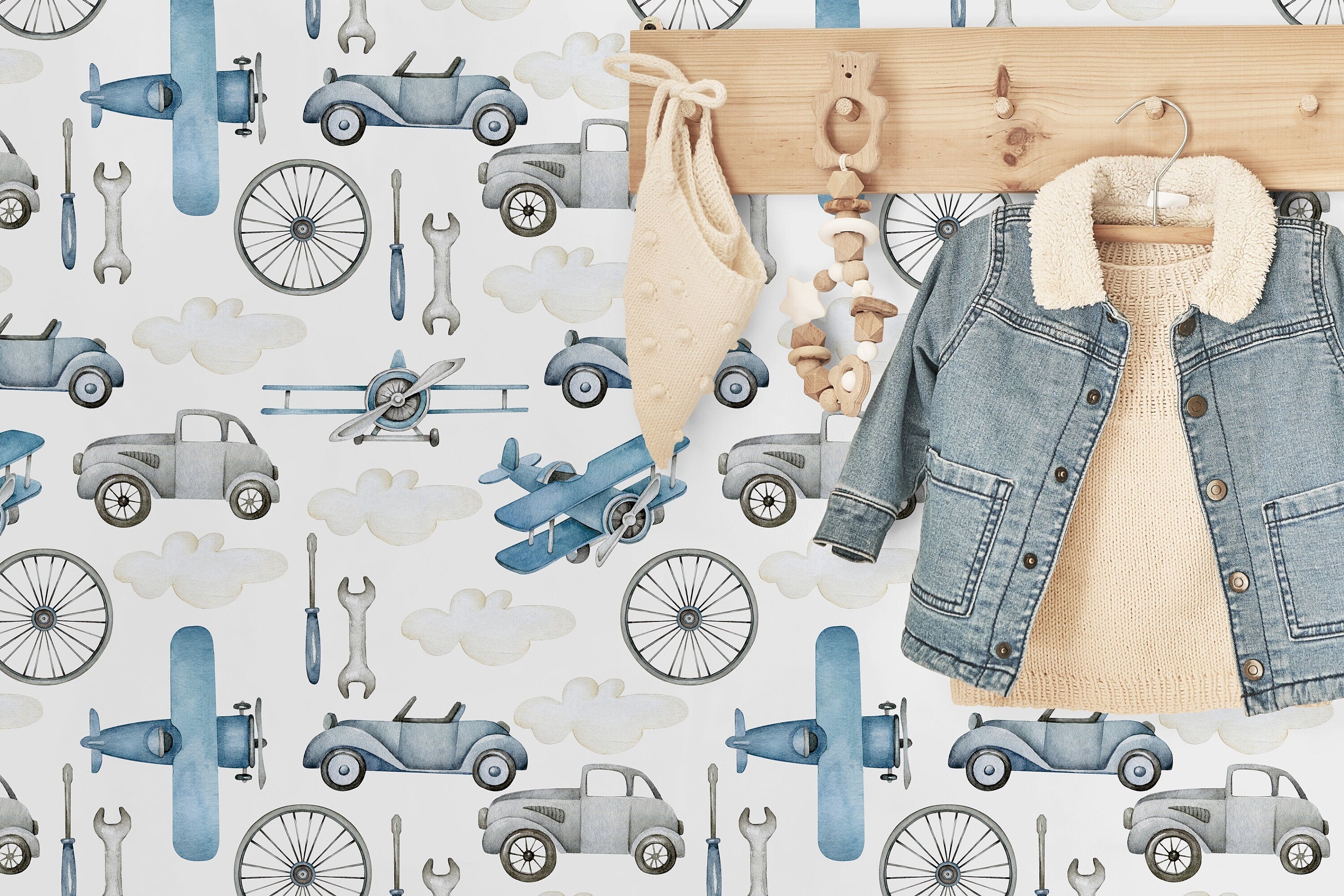 Transportation Wallpaper With Vintage Airplanes And Cars In Blue And Gray - D527