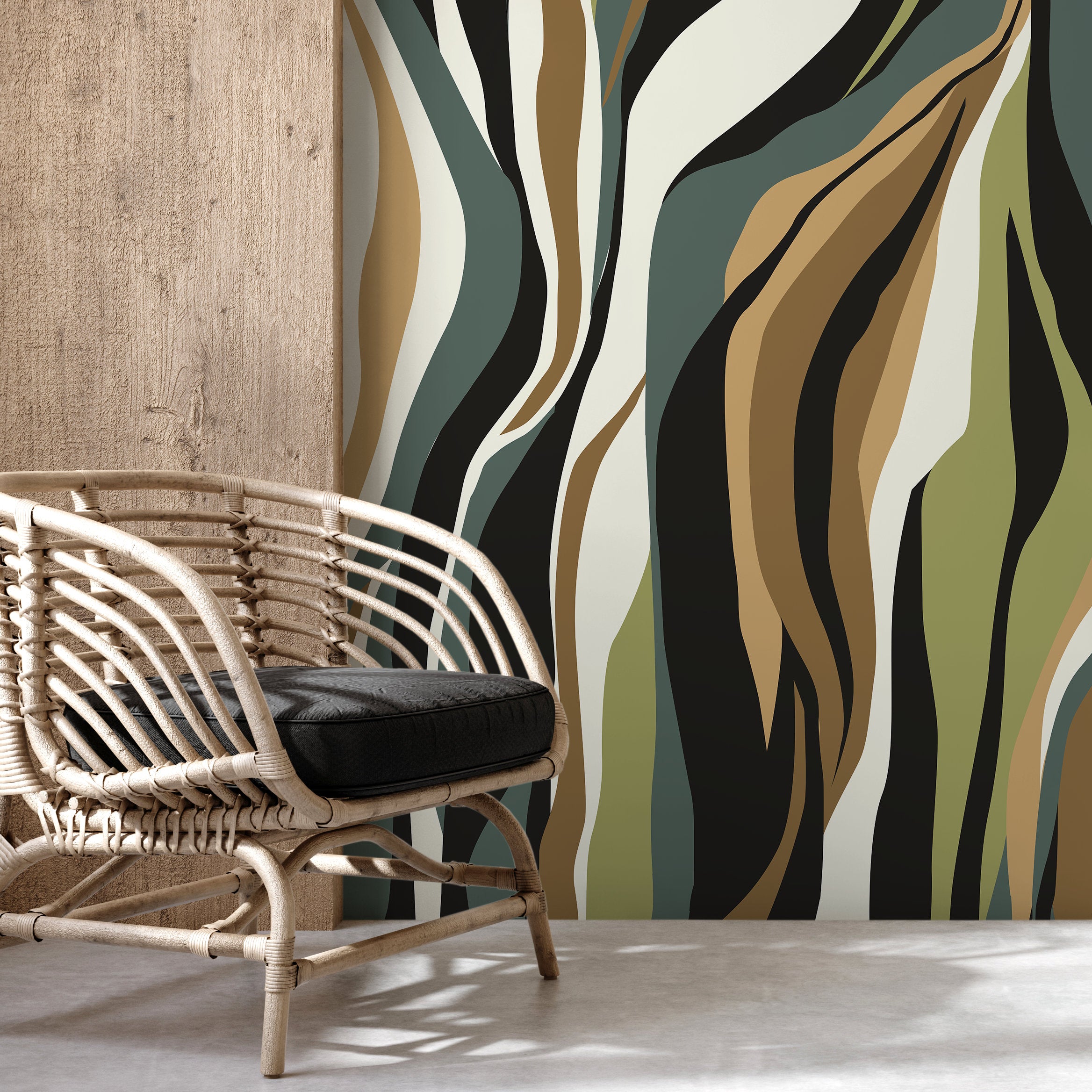 Abstract Wallpaper With A Flowing Wave Motif In Black, Green, And Brown - D613