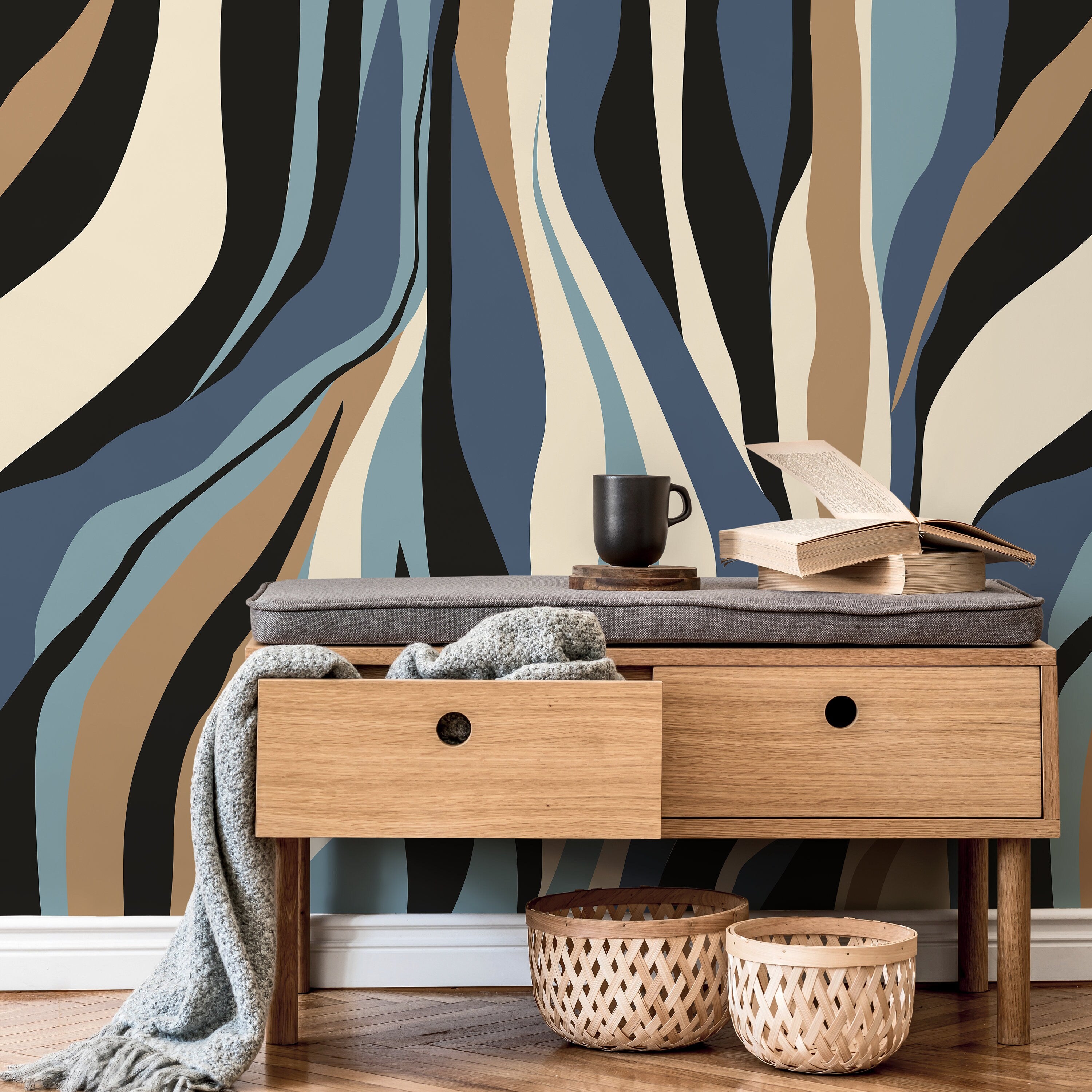 Abstract Wallpaper With Flowing Vertical Waves In Blue, Tan, And Black - D614